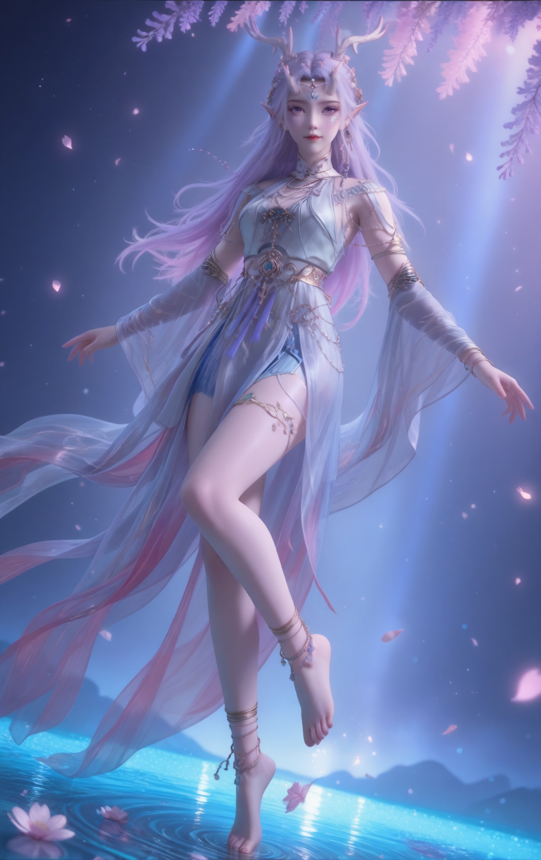 fengny,long flowing lavender hair, deer antlers, pointed ears, silver and blue gemstone adornments, translucent flowing robe with gradient purple and blue hues, intricate gold patterns, barefoot with decorative anklets, floating pose, graceful arms extended, divine aura, 8k resolution, hyperrealistic,ethereal fairyland landscape, misty ethereal scenery, calm clear stream, rippling water surface, shimmering water reflections, floating cherry blossom petals, falling flower petals, petal-strewn water, glowing luminous particles, soft light particles, sparkling light particles, dreamlike atmosphere, soft gentle glow, translucent mist, serene ethereal vibe, pastel color palette, delicate light rays, floating water droplets<lora:fengny:0.8>