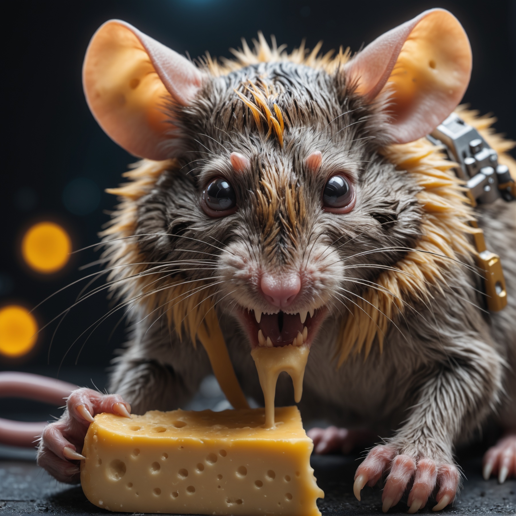closeup photo of a cyberpunk mouse it eating cheese,  detailed realistic fur,  paws on Tensor.Art