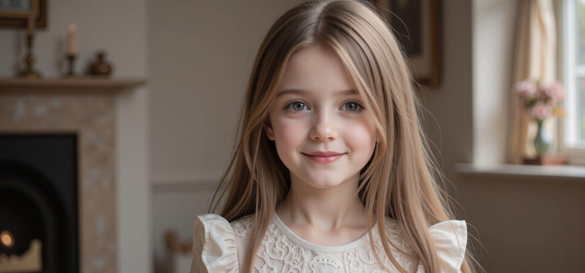 young girl, long hair, dress, full body, indoors,