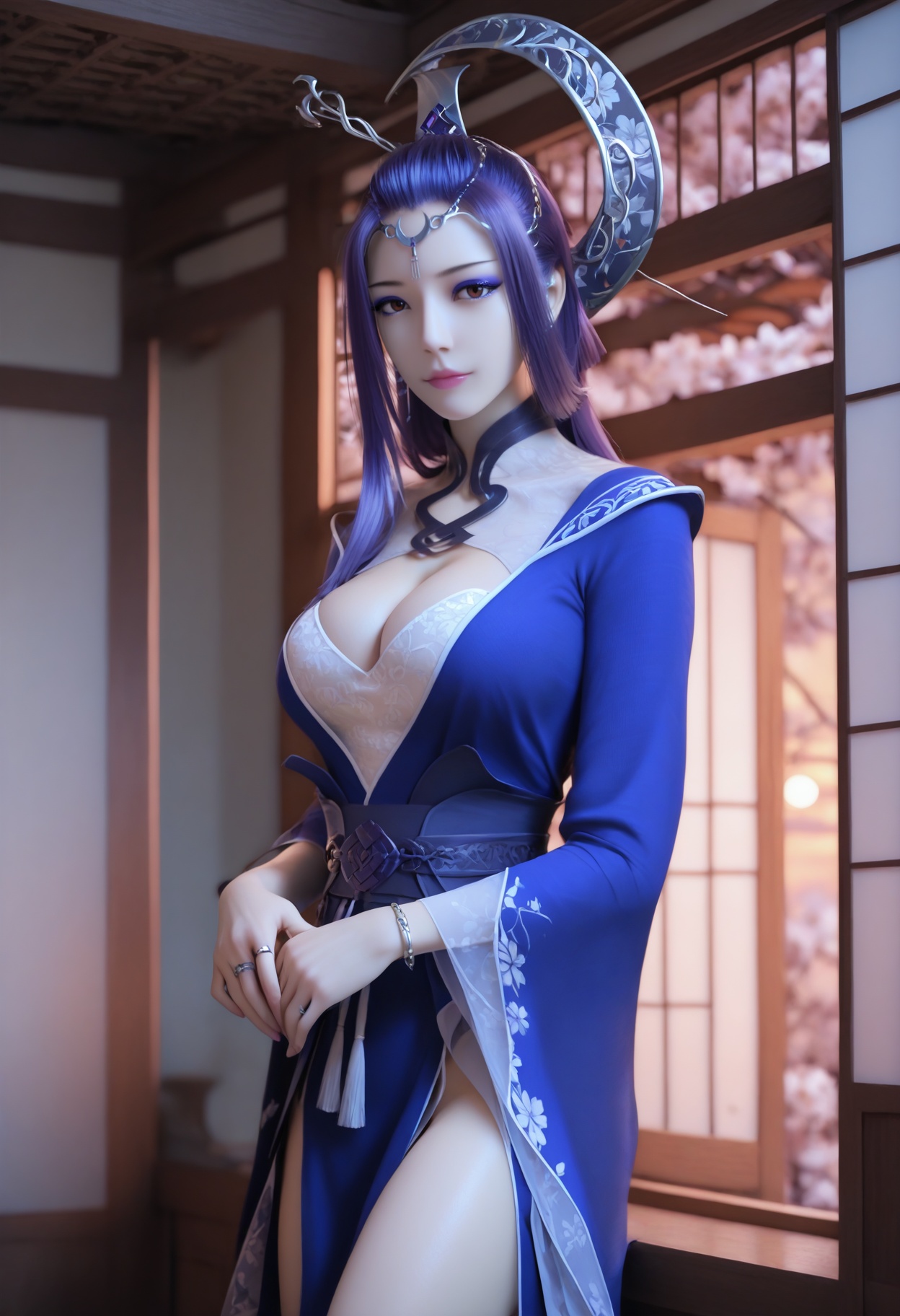 Yue_ji,1girl,purple hair,long hair,looking at viewer,circlet,cleavage,ring,large breasts,makeup,bracelet,jewelry,bare legs,anklet,earrings,blue dress,cape,chinese clothes,backless outfit,cleavage cutout,photorealistic,hyperrealistic,<lora:realistic filter [IL]:1>,looking at viewer,<lora:Yue_ji_10_illu-000004:0.75>standing,(upper body:1.2),lantern,open window,looking at viewer,indoors,mountains,blossoms,flowers,east asian architecture,beautiful sunrise,warm ambient temperature,