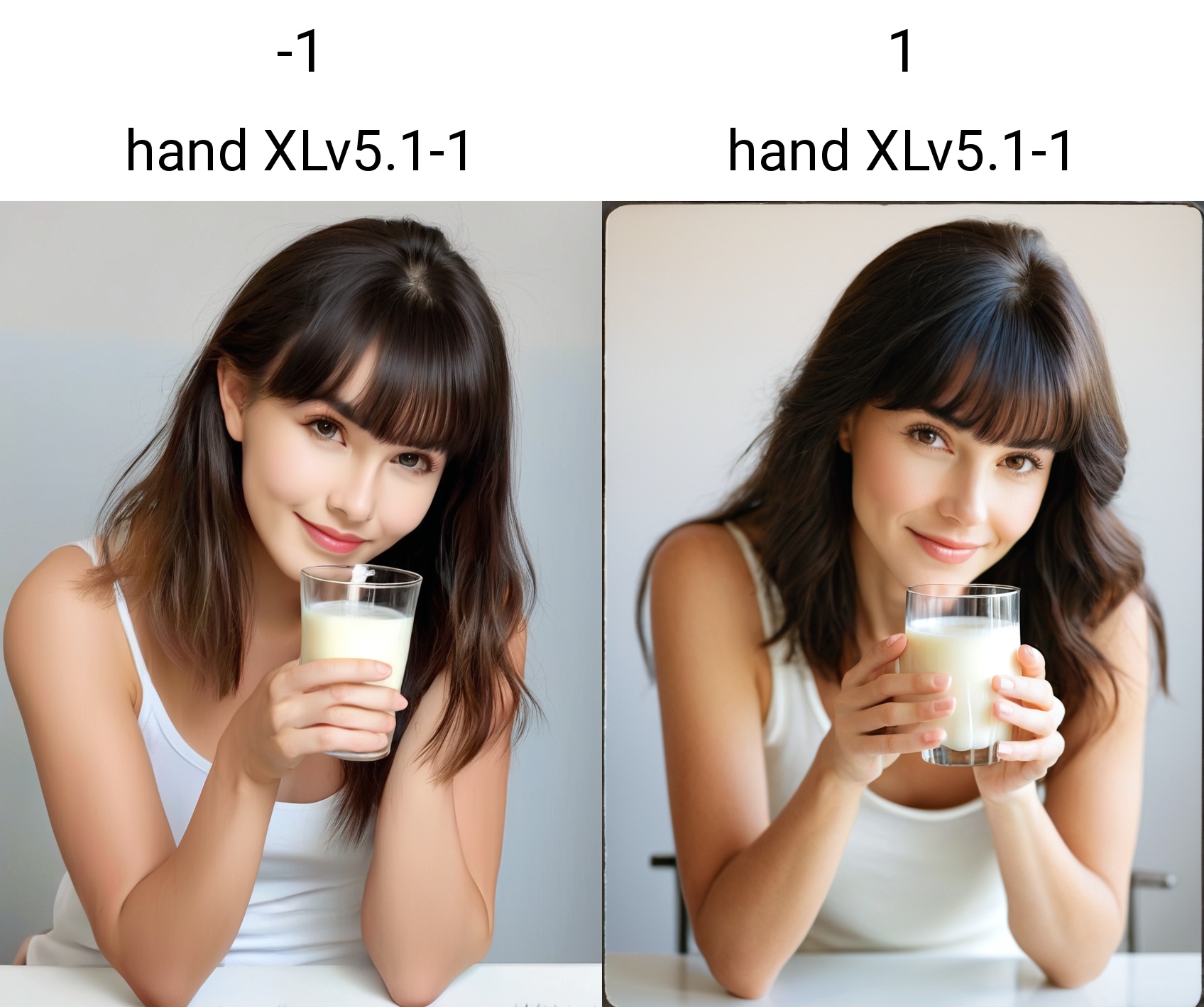 The image is a portrait of a young woman with long dark hair and bangs. She is sitting at a table, cupping a glass of milk with both hands. The woman is wearing a white **** top and is looking directly at the camera with a slight smile on her face. Her fingers are gently wrapped around the glass, creating a nurturing and comforting gesture. The background is a plain white wall. The lighting is soft and natural, highlighting the woman's features and the milky white beverage in her hands. The overall mood of the image is peaceful and serene, with a touch of warmth conveyed through her careful handling of the milk glass., <lora:hand XLv5.1-1:-1>