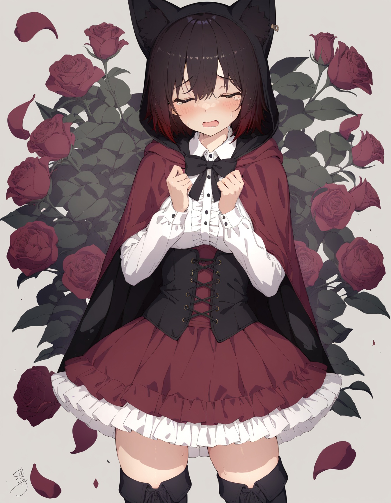 sy4style,1girl, ruby rose,   simple background, long sleeves, gradient hair, cowboy shot, corset, hood, scared, signature, red hair, blush, cloak, rose print, red capelet, thighhighs, thigh boots, medium breasts, solo, red dress, closed eyes, two-tone hair, breasts, white background, multicolored hair, floral print, tears, brown hair, standing, pantyhose, hooded cloak, open mouth, crying, rose, boots, dress, black footwear, short hair, flower, rose petals, petals, capelet, masterpiece, newest, absurdres, safe <lora:sy4style (3):1>