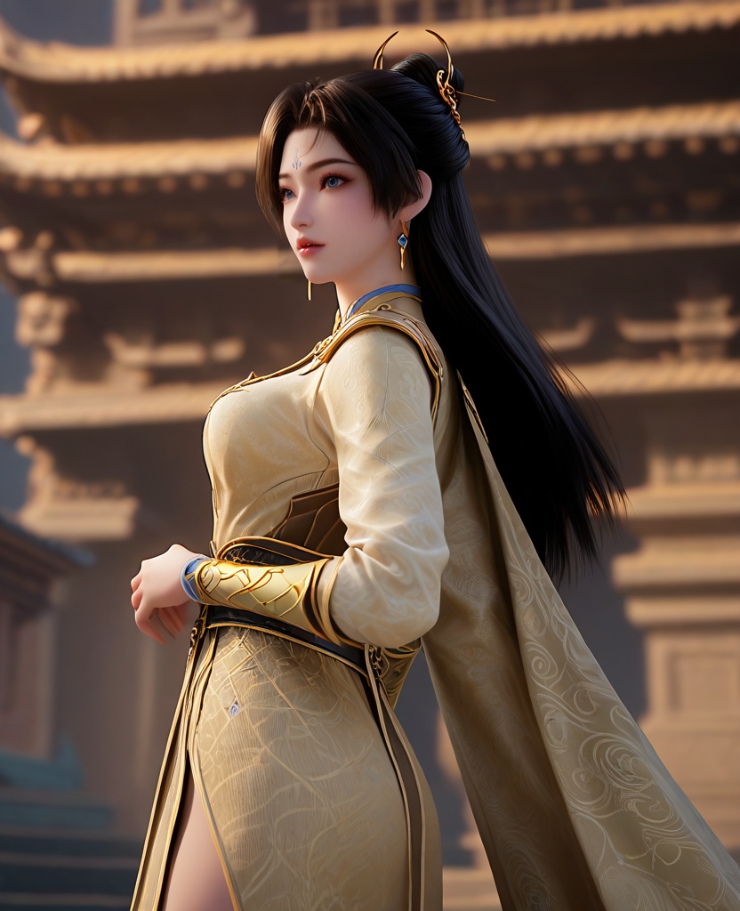 (oriental architecture, elegant decor, sophisticated style:1.1),(looking back:1.1),(breasts:1.2),<lora:XL16遮天薇薇:0.95>,miss weiwei,beige dress,blue eyes,forehead mark,black hair,long hair,hair ornament,earrings,jewelry,belt,cape,wrist support,pelvic curtain,, score_9,score_8_up,score_7_up,score_6_up,score_5_up,score_4_up,3d rendering,tag1,tag2, Cinematic Lighting,backlighting,