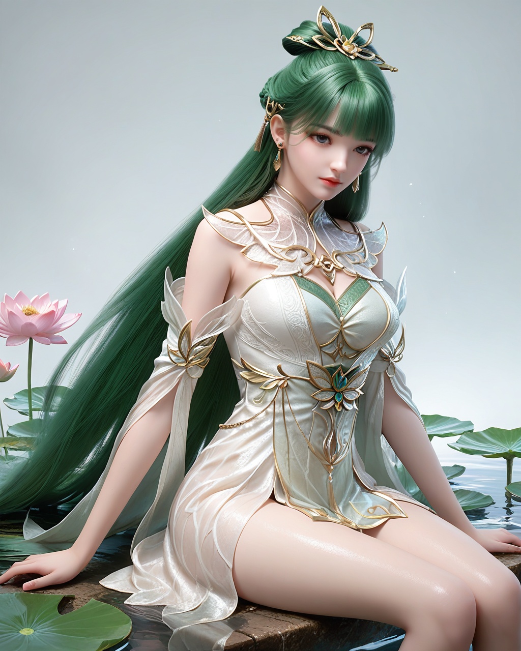 score_9,score_8_up,score_7_up,1girl,long hair,breast,medium breast,earrings,hair_ornament,dress,green hair,thick_thighs,<lora:wy_fuqu_XL7.0:0.8>,sitting,pondel,lotus,sitting on the water,skindentation,<lora:细节B:0.5>,clear background,