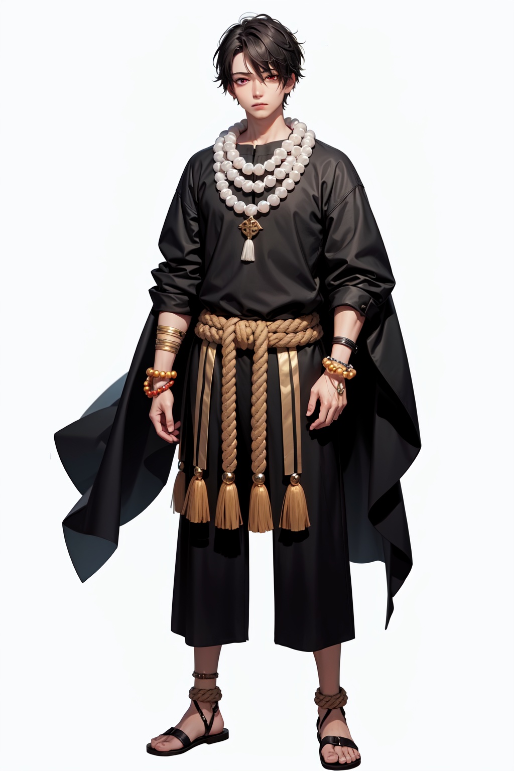 character_design,beads,rope,white background,bracelet,prayer beads,simple background,colored skin,red eyes,1boy,bead bracelet,standing,solo,sandals,male focus,full body,, masterpiece,high quality,