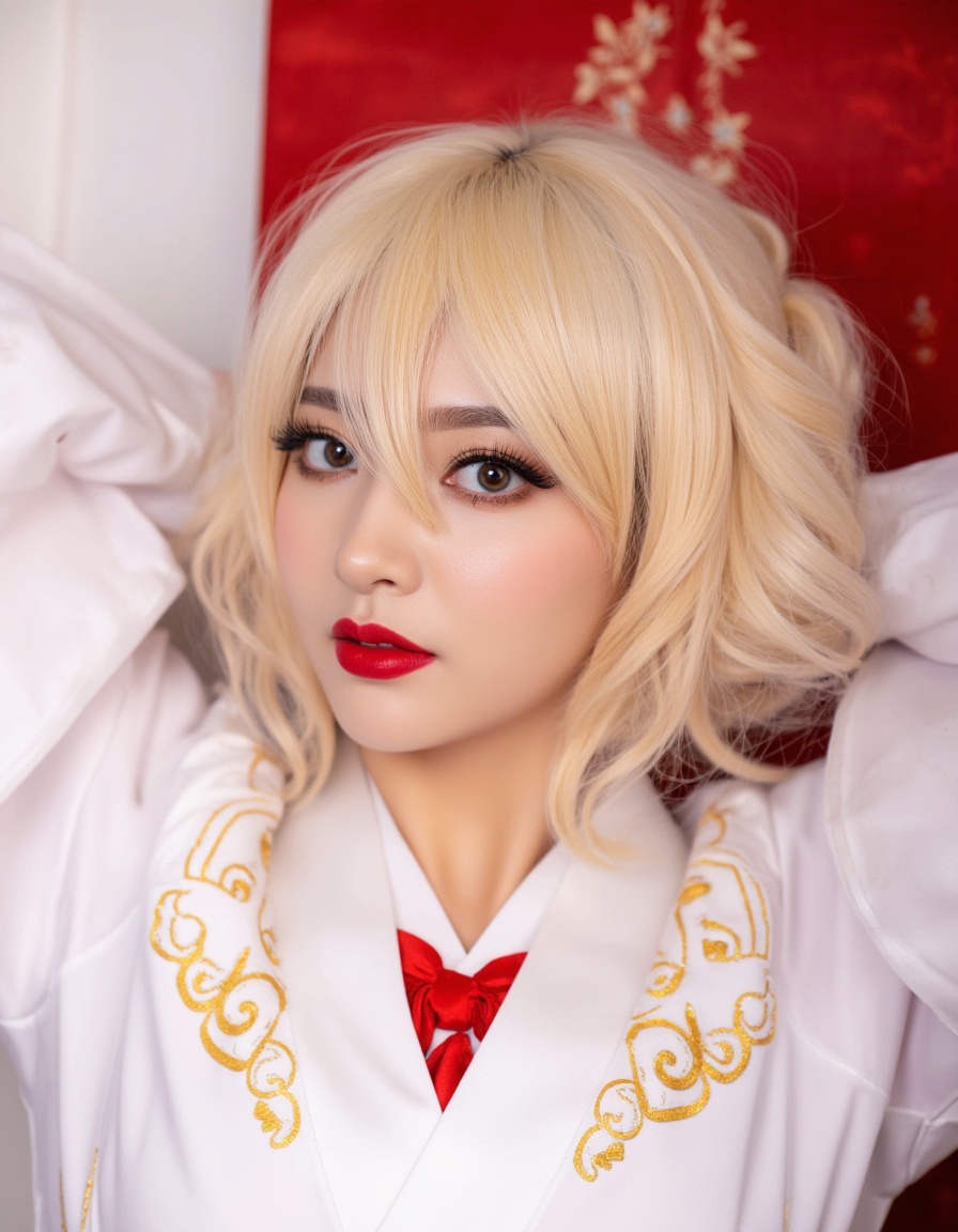a close-up shot of a woman's faceadorned with red lipstick. Her eyes are adorned with eye lashesadding a pop of color to the scene. Her blonde hair cascades over her shouldersframing her entire face. She is adorned with a white kimono adorned with gold embroidery and a red bow at the neckline. The woman's lips are painted a vibrant shade of redwhile her hair is a richglossy white. The backdrop is a mix of white and redcreating a striking contrast to the woman's outfit.