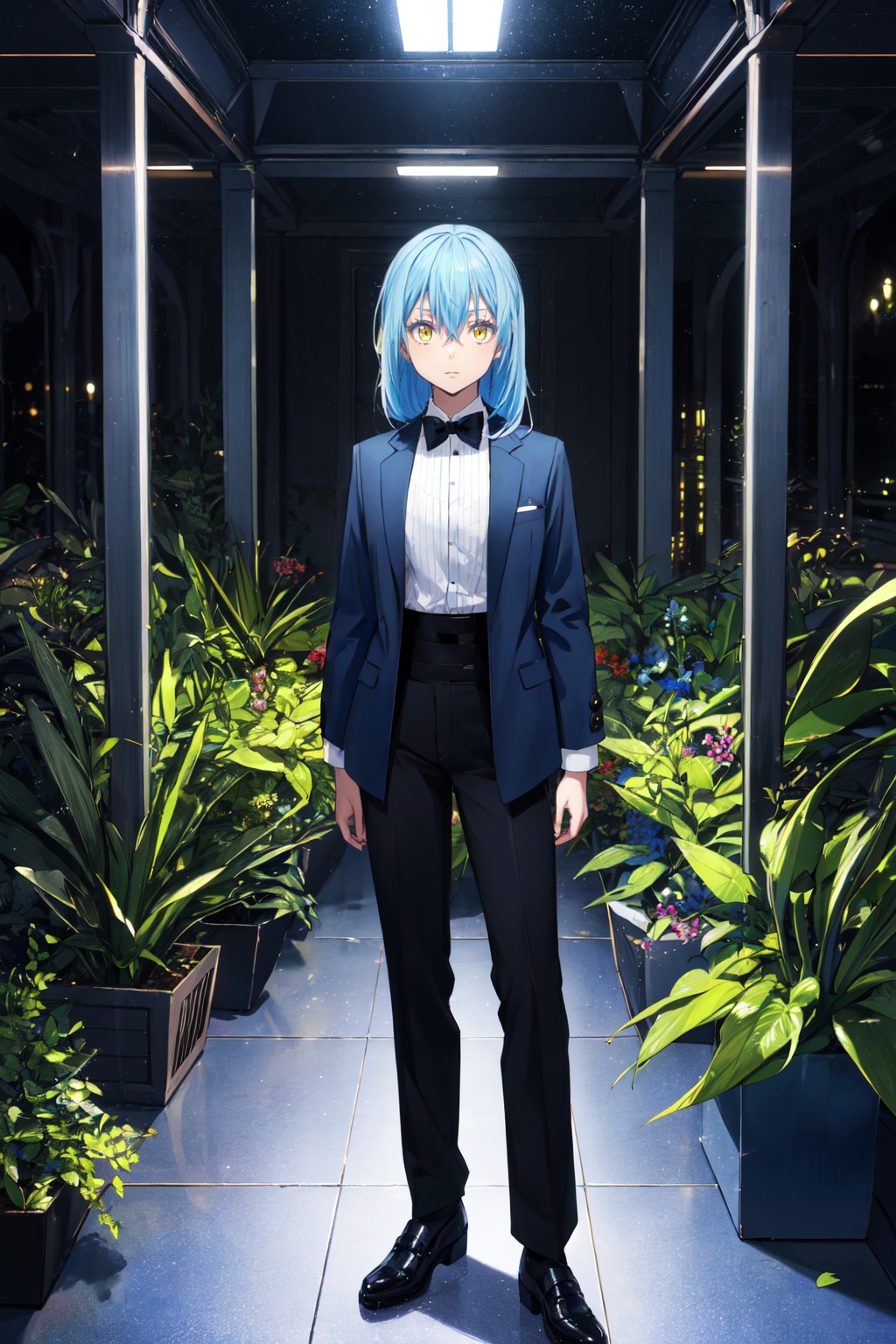1other,looking at viewer,solo,androgynous,blue hair,long hair,hair between eyes,bangs,yellow eyes,standing,dark blue velvet blazer, white dress shirt, black silk bow tie, black dress pants, black dress shoes,<lora:Rimuru:0.8>,Rimuru_CYQL,full_shot,beautiful face,beautiful eyes,glossy skin,shiny skin,Orchid display, Tropical plants, Succulents, Humid air, Glass ceiling, Controlled lighting,beautiful detailed sky,beautiful detailed glow,posing in front of a colorful and dynamic background,masterpiece,best quality,beautiful and aesthetic,contrapposto,female focus,wallpaper,fashion,