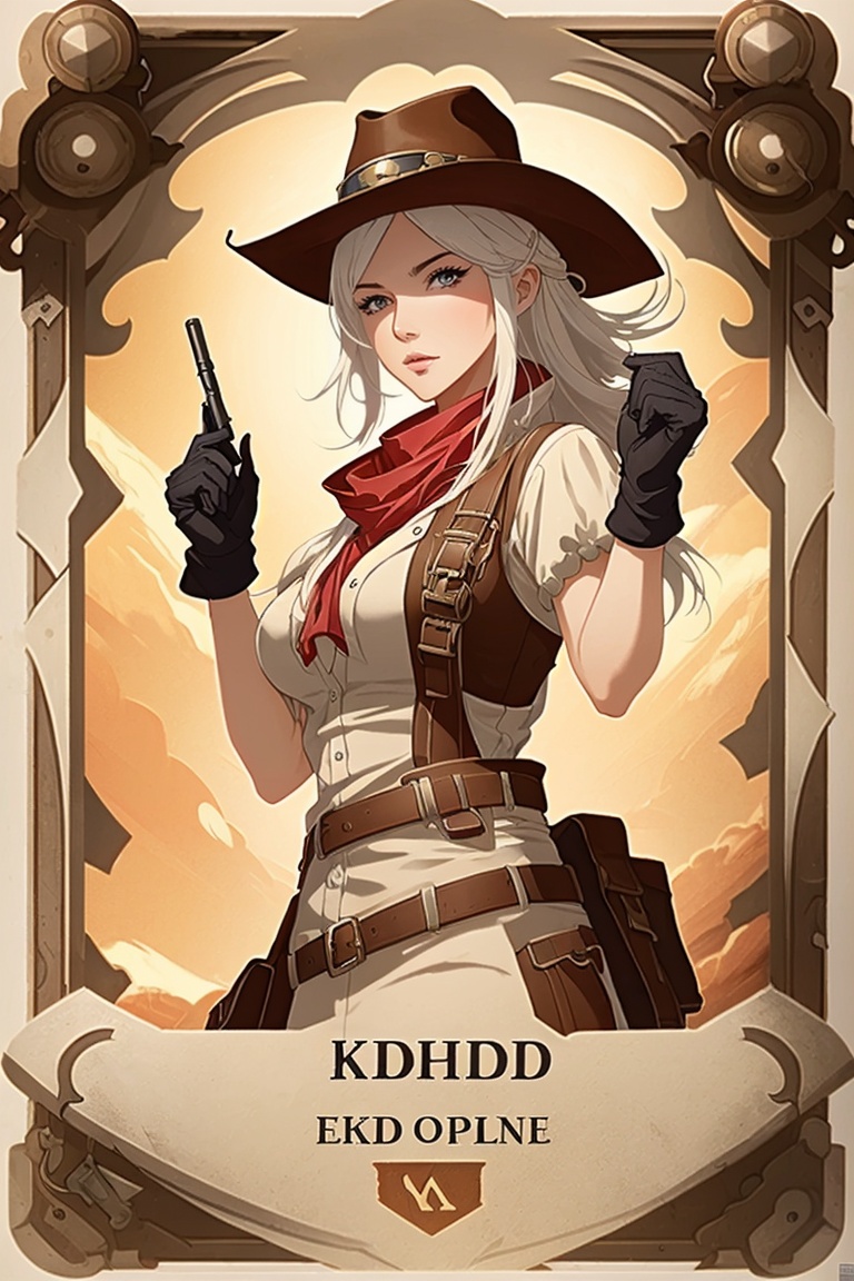 ((HRD, HUD, 8K)),((masterpiece, best quality)), highly detailed, soft light,Card, 1girl, solo, weapon, hat, gun, gloves, fingerless gloves, cowboy hat, long hair, goggles, holding weapon, brown gloves, holding, belt, short sleeves, breasts, red bandana, looking at viewer, goggles on headwear, white hair, upper body, holding gun, lips, steampunk, character name, nose, medium breasts, brown eyes, cowboy western, scarf, handgun, shirt, revolver,  <lora:20240528-1716881484728:0.8>
