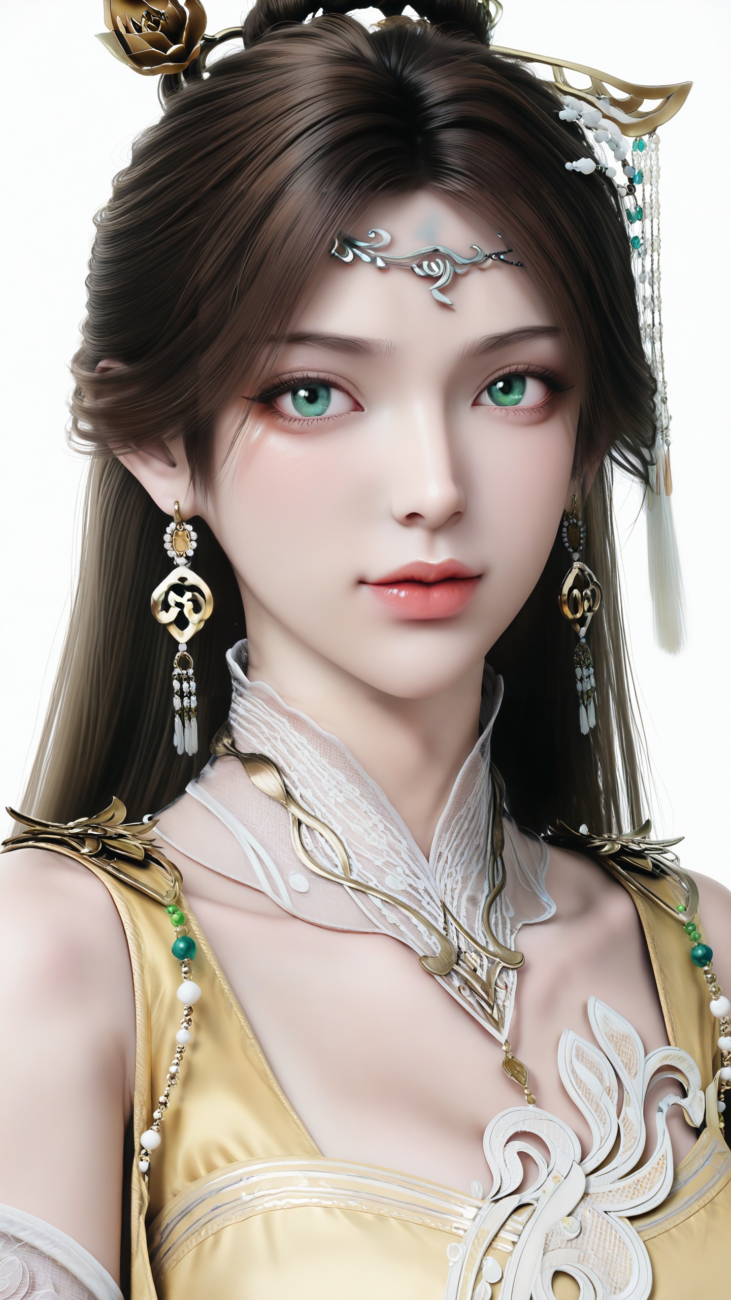 <lora:Janus-金瓶儿-诛仙3-让AI更性感ILV2:0.8>,<lora:illustriousXLv01_stabilizer_v1.185c光辉细节增加:0.4>,Janus,1girl,solo,long hair,brown hair,yellow dress,hair ornament,green eyes,jewelry,earrings,bare shoulders,forehead mark,white_background,simple background,front view,looking_at_viewer,, realistic, masterpiece, best quality, absurdres, highres, amazing quality, very aesthetic, newest, absurdres, highres, highly detailed, very aesthetic,