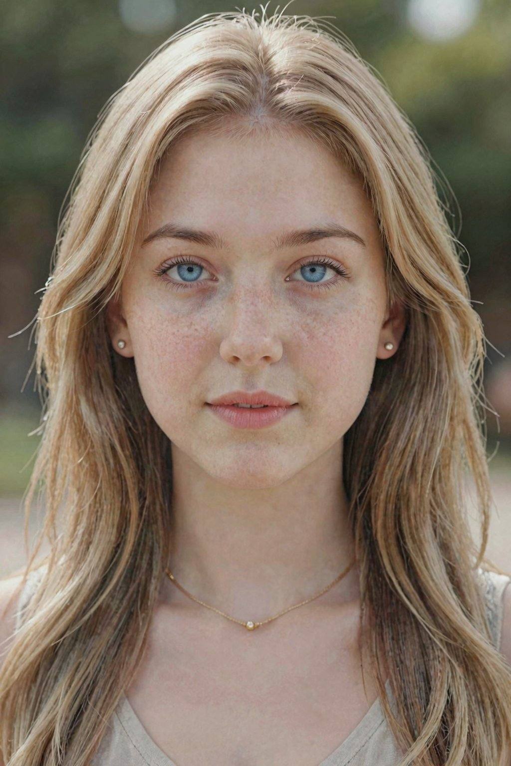 A young Caucasian woman, appearing to be in her early twenties, is centered in a medium close-up shot, gazing directly at the viewer. Her light skin is accented by natural freckles. She has long, wavy blonde hair framing her face. Her eyes are a striking blue, and she wears small, round stud earrings and a delicate gold necklace. She is wearing a neutral-toned top. Her expression is neutral, bordering on a slight smile, with full lips and a soft facial structure. The background is softly blurred, showing an indistinct outdoor setting, suggesting natural light. The lighting is soft and even, highlighting her features. The composition is clean and focused on the subject's face, with a shallow depth of field. The overall atmosphere is fresh, and the style is naturalistic and clean.