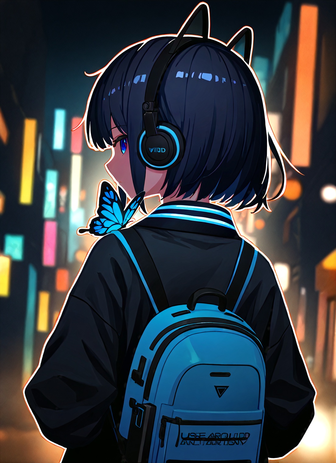 (back view of 1girl with headphone looking front) at very far side of the very crowdy noisy city in the night), chibi style character, use vivid color, high contrast image, thick outline , cinematic lighting, high detail, vibrant atmosphere, masterpiece, best quality, amazing quality, very aesthetic, absurdres, newest, BTRLighting, small butterfly on shoulder,