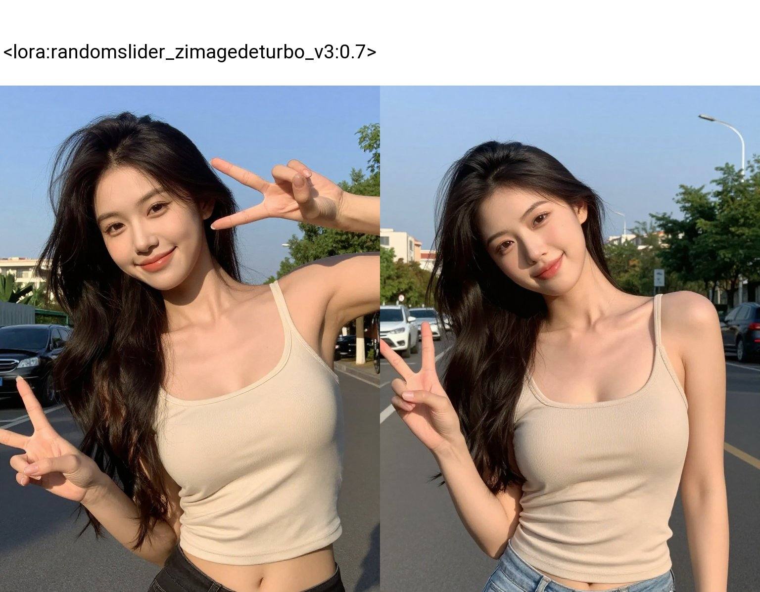random natural postures and v_sign gestures,  1girl,  street on Tensor.Art