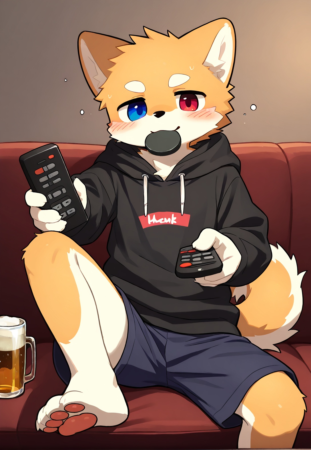 1boy,solo,furry,anthro,tail,blush,looking_at_viewer,red right eye,blue left eye,heterochromia,shiba dog,wearing black hoodie and prussian blue shorts,yellow shiba furry boy,paw,((raising right hand and holds remote control towards viewer)),left hand holding glass bottle beer and drinking on mouth,sitting on sofa,drunk,<lora:doodle furry:0.5>,