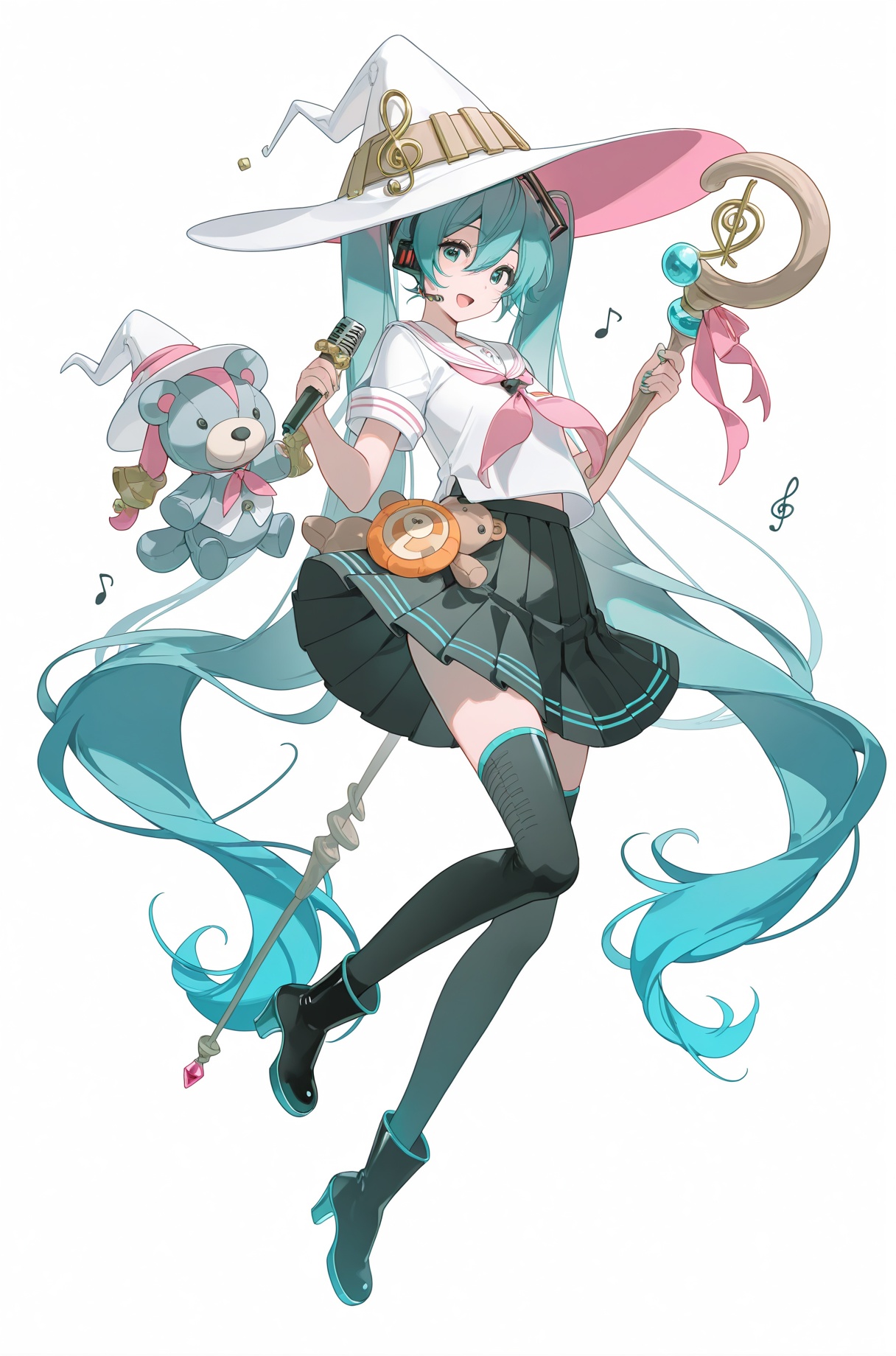 20,1girl,hatsune miku,long hair,solo,hat,full body,witch hat,thighhighs,white background,skirt,twintails,stuffed toy,very long hair,open mouth,musical note,holding,pleated skirt,blue hair,stuffed animal,simple background,neckerchief,staff,black footwear,white headwear,black thighhighs,smile,multicolored hair,aqua eyes,boots,looking at viewer,aqua hair,microphone,hair between eyes,sailor collar,holding staff,pink neckerchief,black skirt,eighth note,gradient hair,jewelry,treble clef,high heels,shirt,white sailor collar,