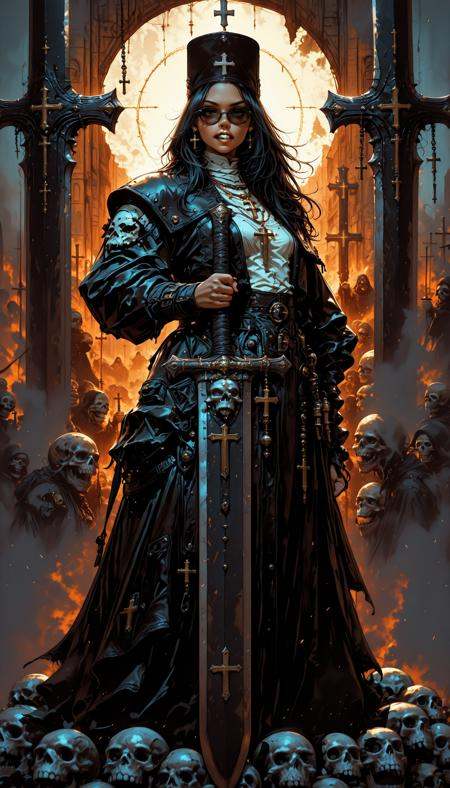 hkstyle,,    holding weapon, fighting stance, holding  buster sword,huge weapon,,  fantasy anime style, anime artwork, official art, highly detailed, vibrant colors, magical atmosphere, digital painting, ethereal glow, soft shadows, cinematic lighting masterpiece, best quality, high quality, ultra-detailed, realistic,  traditional media, western comics \(style\) ,limited palette, partially colored, vivid_color, high contrast, speed lines, sound effects, move_effects, action Create a detailed digital artwork portraying a stern-looking figure with a skull-like visage, set against a moody, atmospheric background. The figure is adorned with a wide-brimmed black hat, which features a smaller skull resting atop. The attire consists of a black leather jacket with silver rivets and a cross pendant. The color palette is dominated by dark, muted tones, with the skull being the most striking feature, appearing white with black detailing. The overall style leans towards dark fantasy or gothic themes, with a focus on creating a sense of foreboding and mystery. The scene is captured from a frontview angle, focusing on the full body of the figure. solo, long_hair, black_hair, 1boy, hat, jewelry, jacket, upper_body, male_focus, teeth, necklace, black_jacket, black_headwear, sunglasses, portrait, cross, skull, hkstyle,,    holding weapon, fighting stance, holding  buster sword,huge weapon,,  fantasy anime style, anime artwork, official art, highly detailed, vibrant colors, magical atmosphere, digital painting, ethereal glow, soft shadows, cinematic lighting