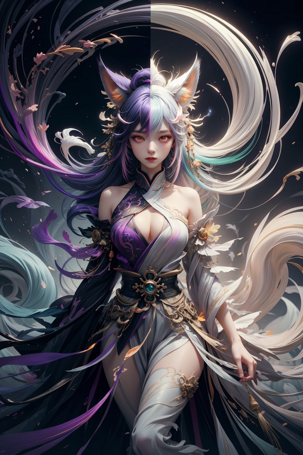 (masterpiece, best quality),(nsfw:0.33),finely detail,huge filesize,Clouds,mist,(ancient Chinese architecture:1.2),ethereal atmosphere,gardens,landscape,orange Nebula,green starry,sliver starry_moon,white tornado,loli,solo,small breasts,kitsune,violet,gold,(gradient hair:1.7),gradient eyes,fox ears,fox tail,fate/extra ccc fox tail,Taoist robe,standing,