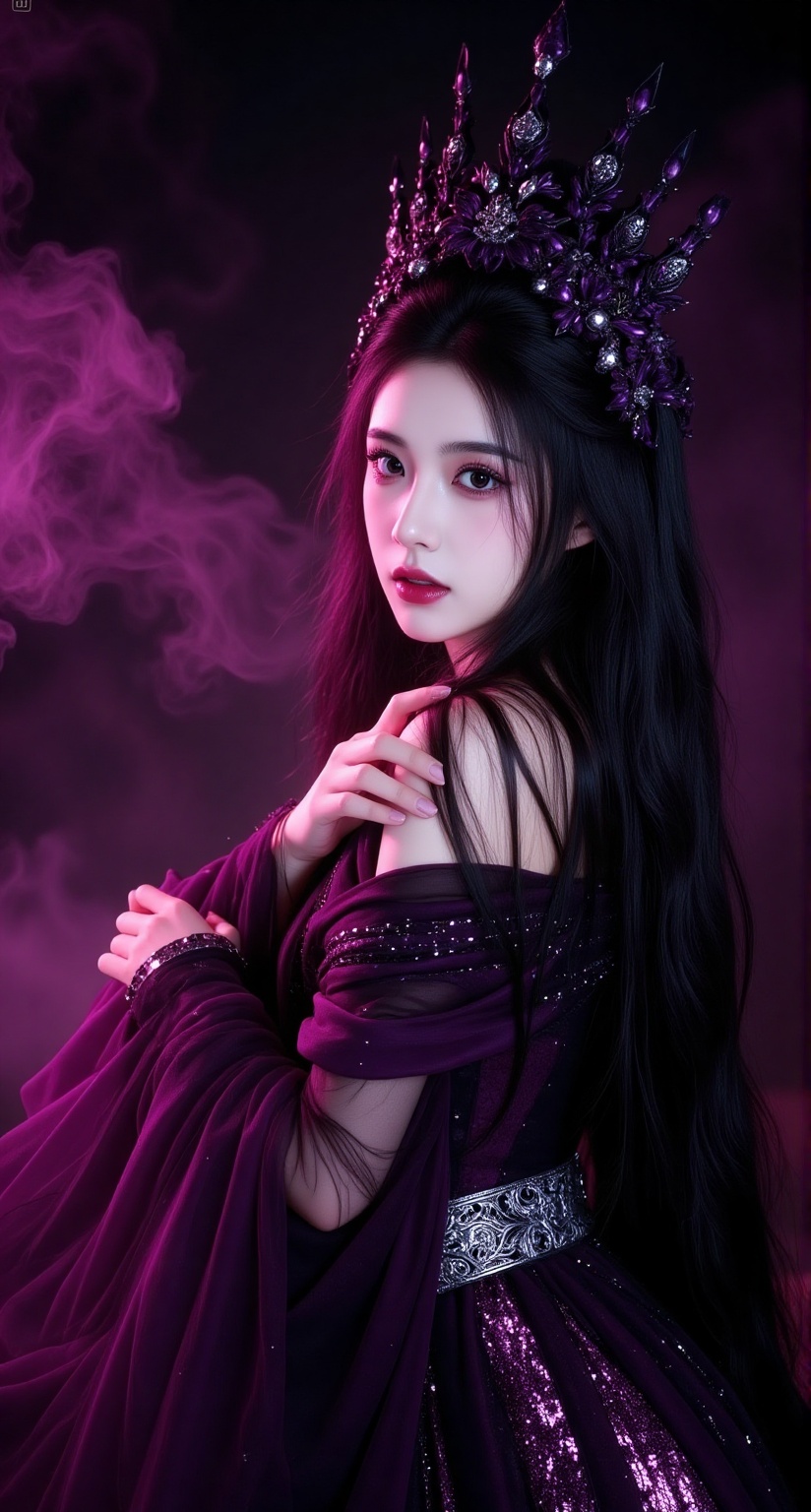 Purple Fairy,beauty,This is a highly stylized, digital photograph featuring a young East Asian woman with long, straight black hair that cascades down her back. She has a pale, flawless complexion and striking features, including high cheekbones, sharp eyebrows, and full, dark red lips. Her eyes are accentuated with dramatic makeup, including thick eyeliner and eyeshadow that creates a bold, almost gothic appearance.She is adorned with an elaborate, ornate headdress that resembles a crown, **** of dark purple and black materials with intricate, metallic details that sparkle under the lighting. The headdress is adorned with floral and gemstone-**** embellishments, adding to the regal and mystical atmosphere.The woman wears a deep purple, velvet gown with a plunging V-neckline and long, flowing sleeves. The gown is adorned with silver and purple sequins, creating a shimmering effect that catches the light. A silver belt with intricate designs and a large, decorative buckle is cinched at her waist, adding to the opulent and fantastical nature of her attire.The background is a smoky, dark purple, which enhances the ethereal and mysterious mood of the image. The overall style is reminiscent of a fantasy or gothic fashion *****, with a focus on dramatic makeup,