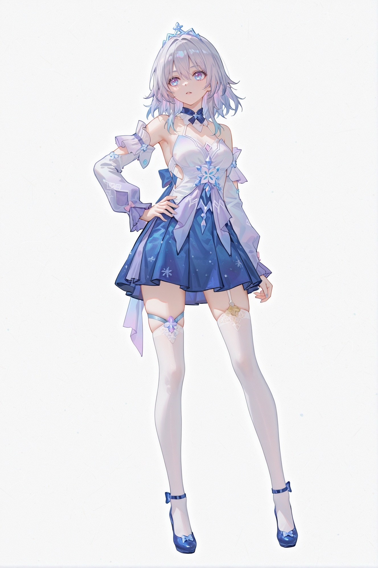 8k,best quality,masterpiece,(ultra-detailed),(high detailed skin),((artist:reoen),(artist:fuzichoco),(artist:atdan),(artist:torino_aqua),year 2024:0.8)1girl,[artist:wlop],[artist:ningen_mame],artist:ciloranko,[[artist:rhasta]],artist:tidsean,colorful,full body,full shot,standing,(solo:1.2),simple background,(white background:1.2),hand on own hip,(white background:1.1),<lora:sanqiall-ill-Tanger-000014:0.8>,March7,March7 (gongzhu),clothes: gongzhu blue princess short dress,gongzhu tiara,1girl,detached sleeves,blue footwear,bare shoulders,blue eyes,white thighhighs,grey hair,bangs,