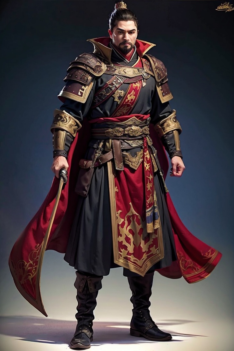 JYGL 1boy armor black cape blue cape boots cape crown facial hair full body gradient background knight male focus purple cape realistic red cape red cloak sheathed solo standing sword weapon,<lora:金庸古龙20240110-1704831963137-0010:0.8>,
