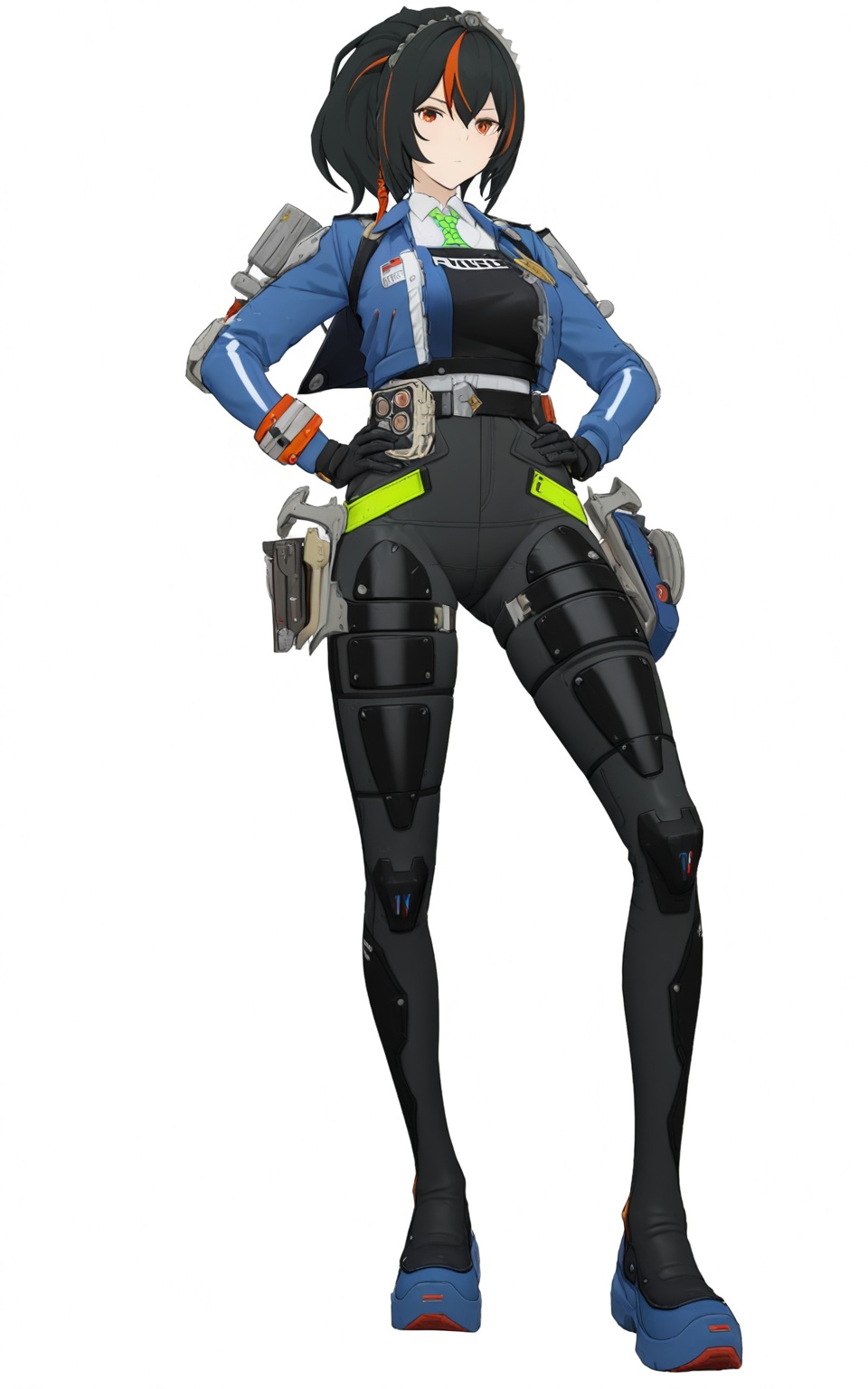 8k, best quality, masterpiece, (ultra-detailed), (high detailed skin), (white background:1.3), (full body:1.25), ( white background:1.3), standing, looking at viewer, (solo:1.3), hands on hips, completely white background, <lora:zhuyuan-a3-Tanger-000014:0.8>, zhuyuan, default clothes, Police combat uniforms, 1girl, multicolored hair, black hair, blue jacket, gloves, streaked hair, (beautiful_face), ((intricate_detail)), clear face, ((finely_detailed)), fine_fabric_emphasis, ((glossy)), full_shot, 