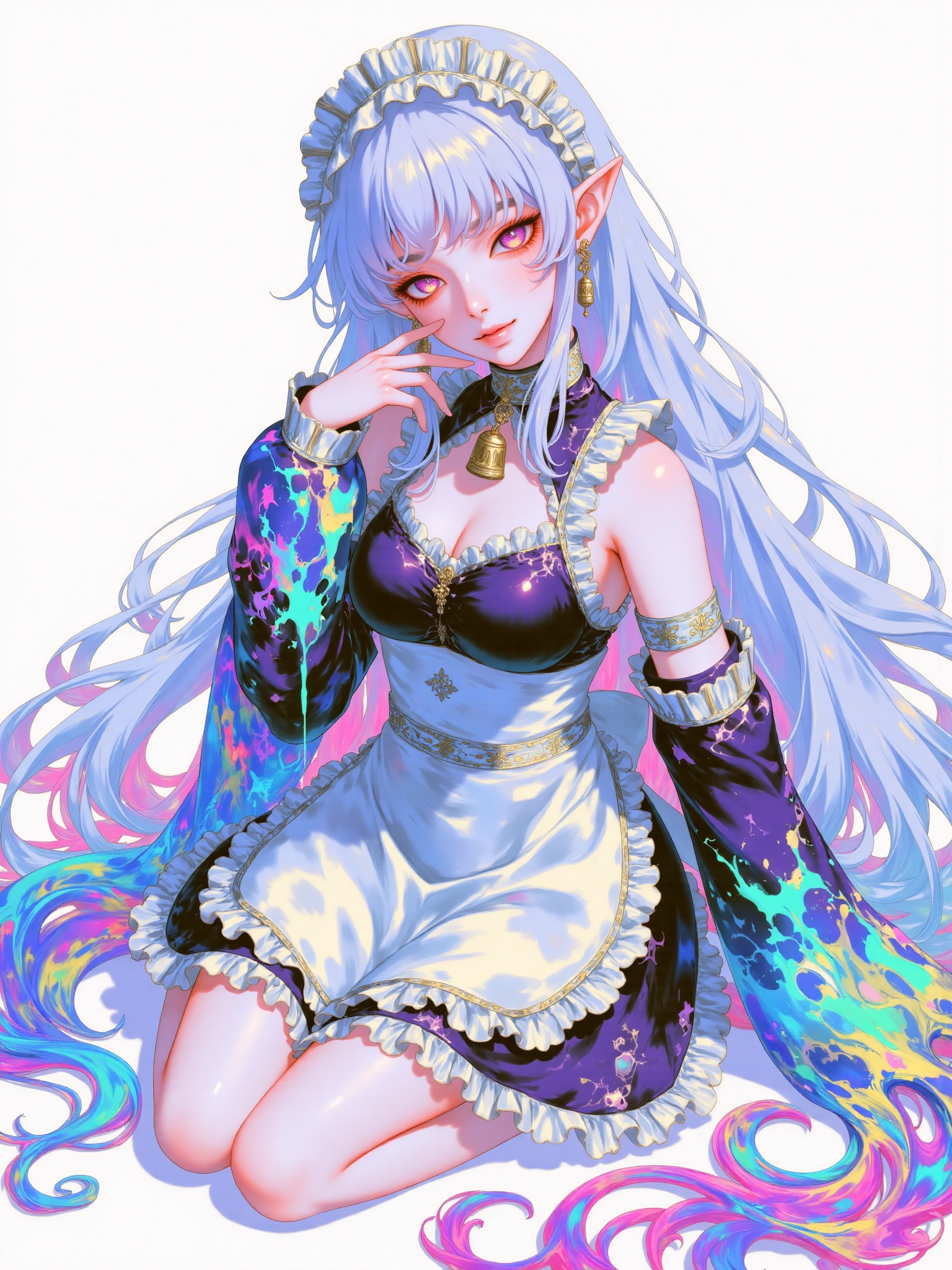 yumemizuki_mizuki,(artist:quasarcake:0.8),extreme aesthetic,(wlop:0.6),(honjou raita,lack,rella,wanke:0.5),masterpiece,best quality,good quality,newest,year 2024,year 2023,very aesthetic,absurdres,Visual impact,A shot with tension,ultra-high resolution,32K UHD,sharp focus,best-quality,masterpiece,Emotionalization,unconventional supreme masterpiece,masterful details,temperate atmosphere,with a high-end texture,in the style of fashion photography,Dynamic and visual impact,offcial art,colorful,splash of color,movie perspective,masterpiece,best quality,amazing quality,very aesthetic,absurdres,best quality,newest,1girl,bell,blue_hair,apron,choker,closed_mouth,detached_sleeves,frilled_hairband,frills,from_above,hairband,japanese_clothes,long_hair,long_sleeves,looking_at_viewer,neck_bell,nihongami,pink_eyes,pointy_ears,cropped_legs,bright_pupils,smile,solo,simple_background,very_long_hair,sitting,white_background,yumemizuki_mizuki,white_apron,white_pupils,
