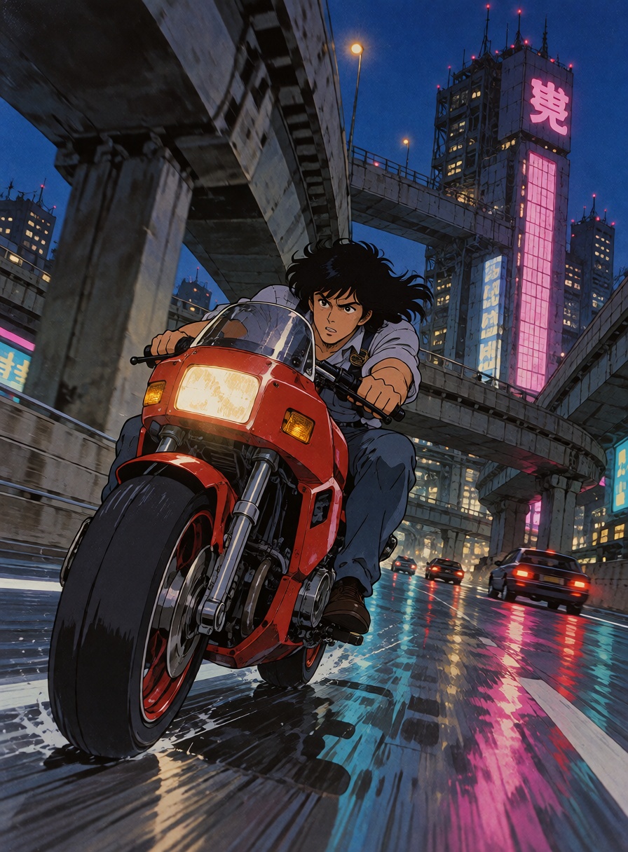 A young ***** Japanese motorcycle courier racing through a futuristic Tokyo expressway at midnight,  riding a bright red r...