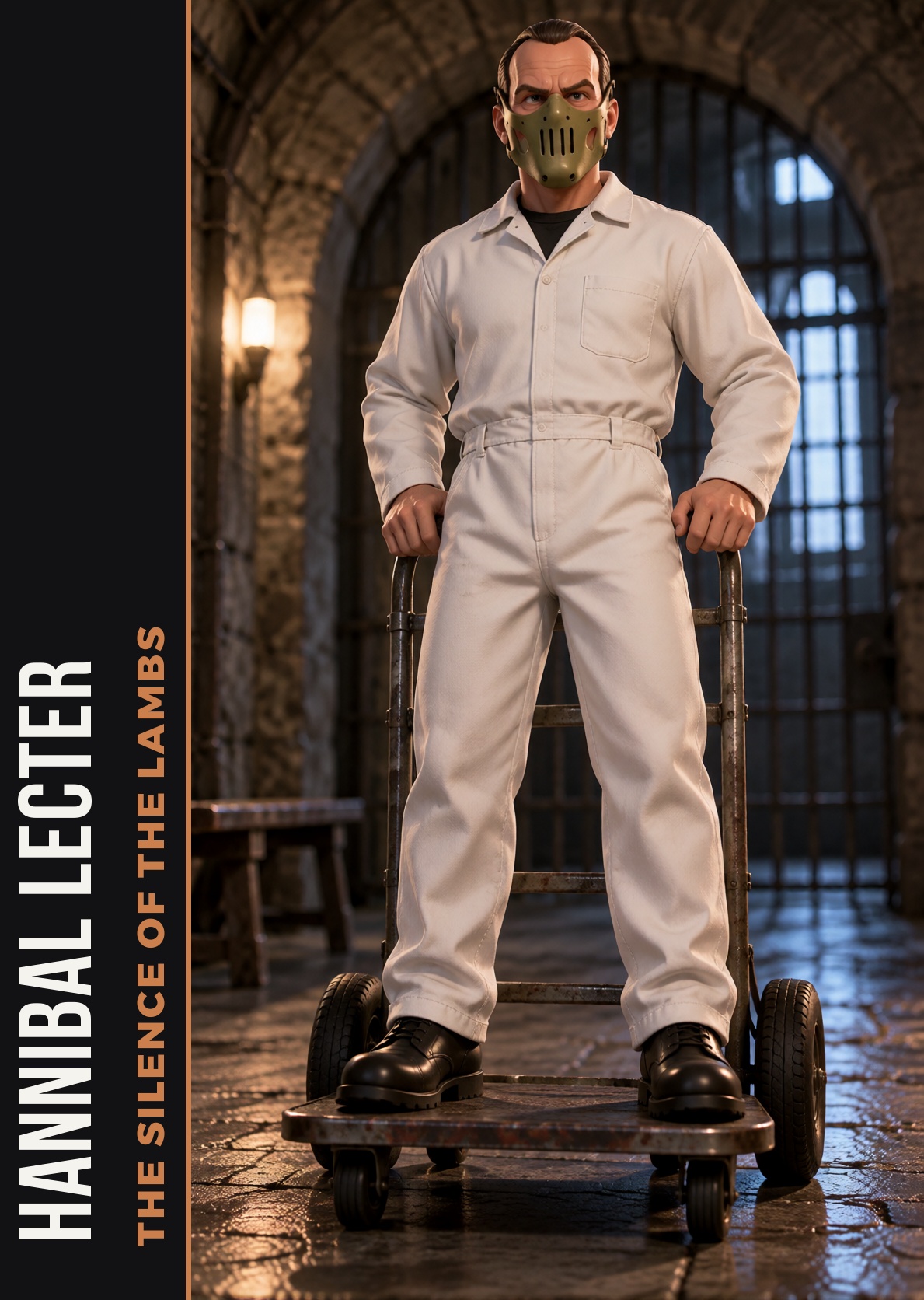 realfig,  Hannibal Lecter in a white prison jumpsuit and face mask,  on a hand truck on Tensor.Art