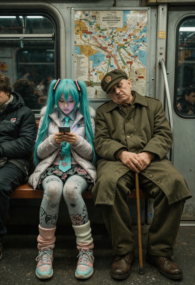 surreal urban moment inside a dimly lit Eastern European subway train,  young girl with vibrant turquoise twin-tail wig st...