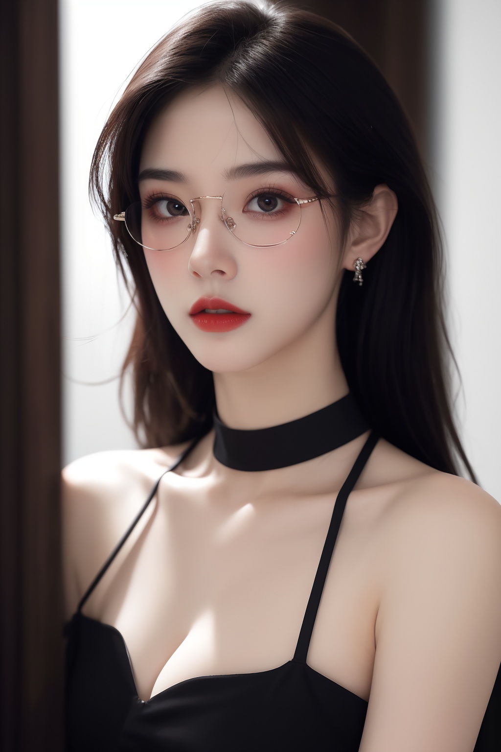1girl, black choker, black hair, blurry, blurry background, blurry foreground, breasts, choker, cleavage, collarbone, depth of field, earrings, glasses, jewelry, large breasts, lips, long hair, looking at viewer, red lips, solo focus <lora:御姐:1>