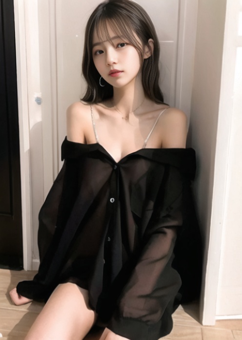 1girl,boyfriend,black,indoors, bedroom,sitting behind door,full body,   <lora:japaneseDollLikeness_v15:0.7> <lora:boyfriend:0.8>