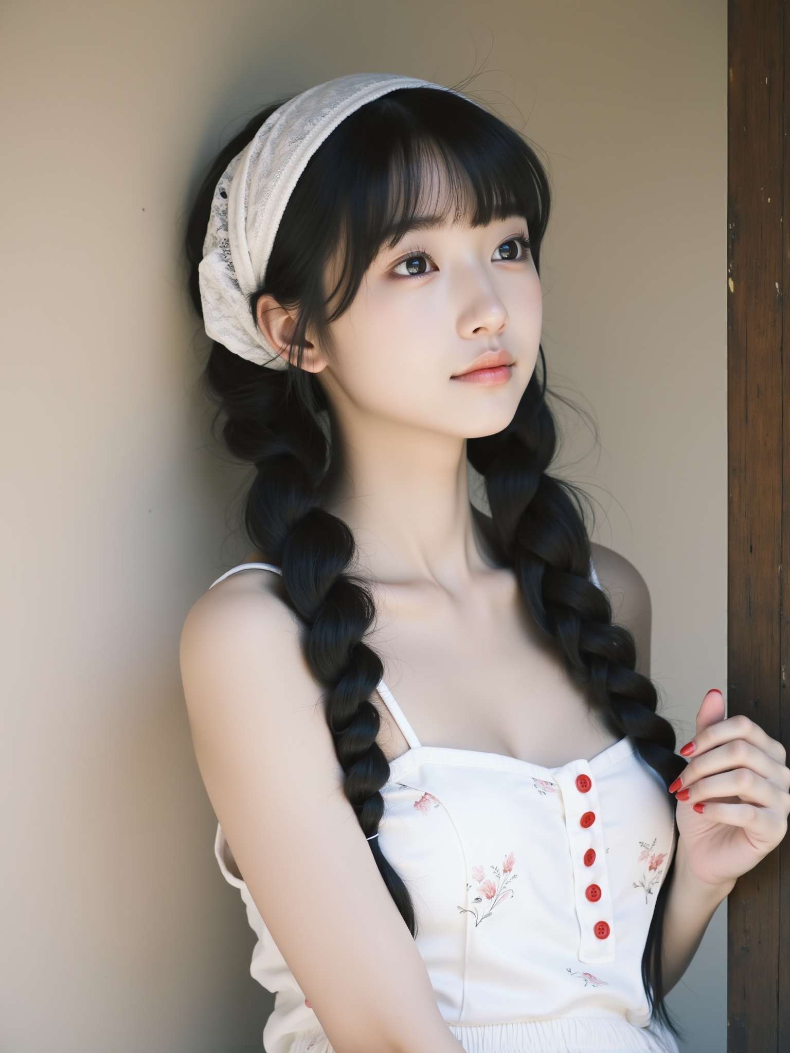 The photograph captures a young Asian woman with delicate features and a serene expression. She has light skin and a petite physique. Her dark hair is styled in two long, thick braids, each secured with a white lace headband. She wears a white, sleeveless top with red buttons down the front and a small floral pattern, giving it a soft, feminine touch. The top is low-cut, accentuating her modest breast size. Her makeup is minimal, with a natural, fresh look featuring soft pink lipstick and subtle eyeshadow. She stands against a plain, beige background, with a wooden structure visible on her right side, indicating an outdoor setting. The lighting is soft and natural, highlighting her delicate features and the texture of her hair and clothing. The overall mood of the image is tranquil and nostalgic, with a vintage, dreamy quality.<lora:YY-浅浅F.1:1>,