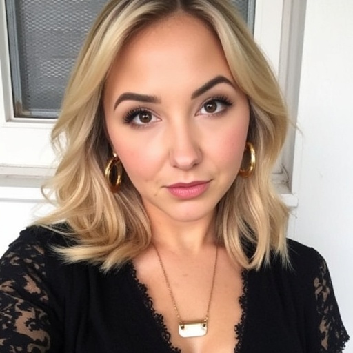 audreyw This is a close-up photograph of a young woman with light skin and blonde,  wavy shoulder-length hair. She has wel...