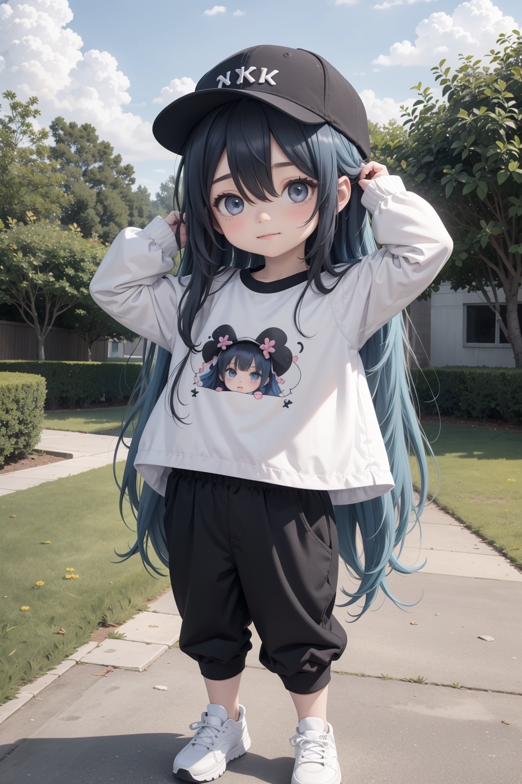 .,(loli:1.5),(5yo:1.5),(very_long_hair,:1.3),(masterpiece), (best quality), artist GiO, 1girl, long hair, solo, hat, long sleeves, baseball cap, bird, smile, blue eyes, sky, shoes, closed mouth, black headwear, outdoors, bangs, white footwear, very long hair, shirt, sleeves past wrists, feathers, black pants, cloud, looking at viewer, hand on headwear, arm up, full body, blue hair, hair between eyes, white shirt, blush, standing, pants, layered sleeves, clothes writing, sneakers, short over long sleeves, cloudy sky