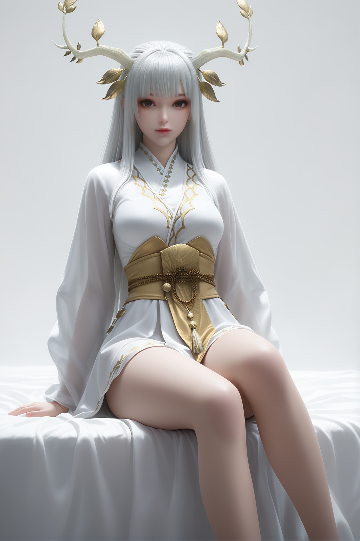 masterpiece,best quality,realistic,cinematic,detail eyes,(ultra-detailed),perfect composition,intricate details,absurdres,detailed face,high quality,high res,8K,<lora:X_xutianshenteng_IL3.0:0.8>,white hair,brown eyes,1girl,long hair,horns,breast,medium breast,hair_ornament,dress,bare_legs,sitting,simple background,white_background,bed,looking_at_viewer,