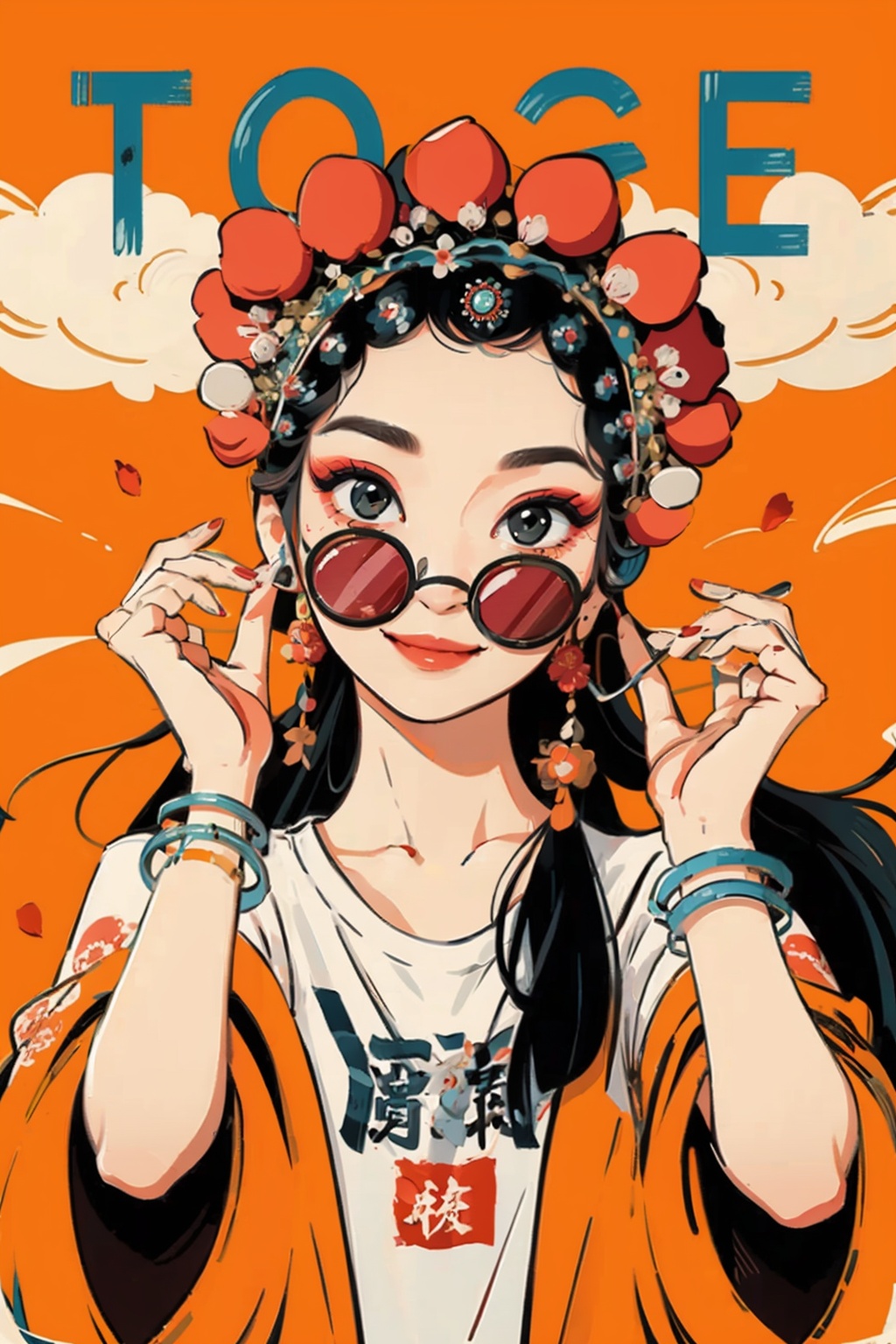 ((masterpiece)), best quality, perfect anatomy,8K wallpaper,mChinaChic, 1girl, solo, jewelry, black hair, long hair, chibi, Chinese opera coronal, upper body, white shirt, looking at viewer, red nails, smile, red eyeshadow, round eyewear, red flower, wide sleeves, chinese text print shirt, orange background, cloud, red petals, bangle, english text<lora:mChinaChic_v1:0.8>
