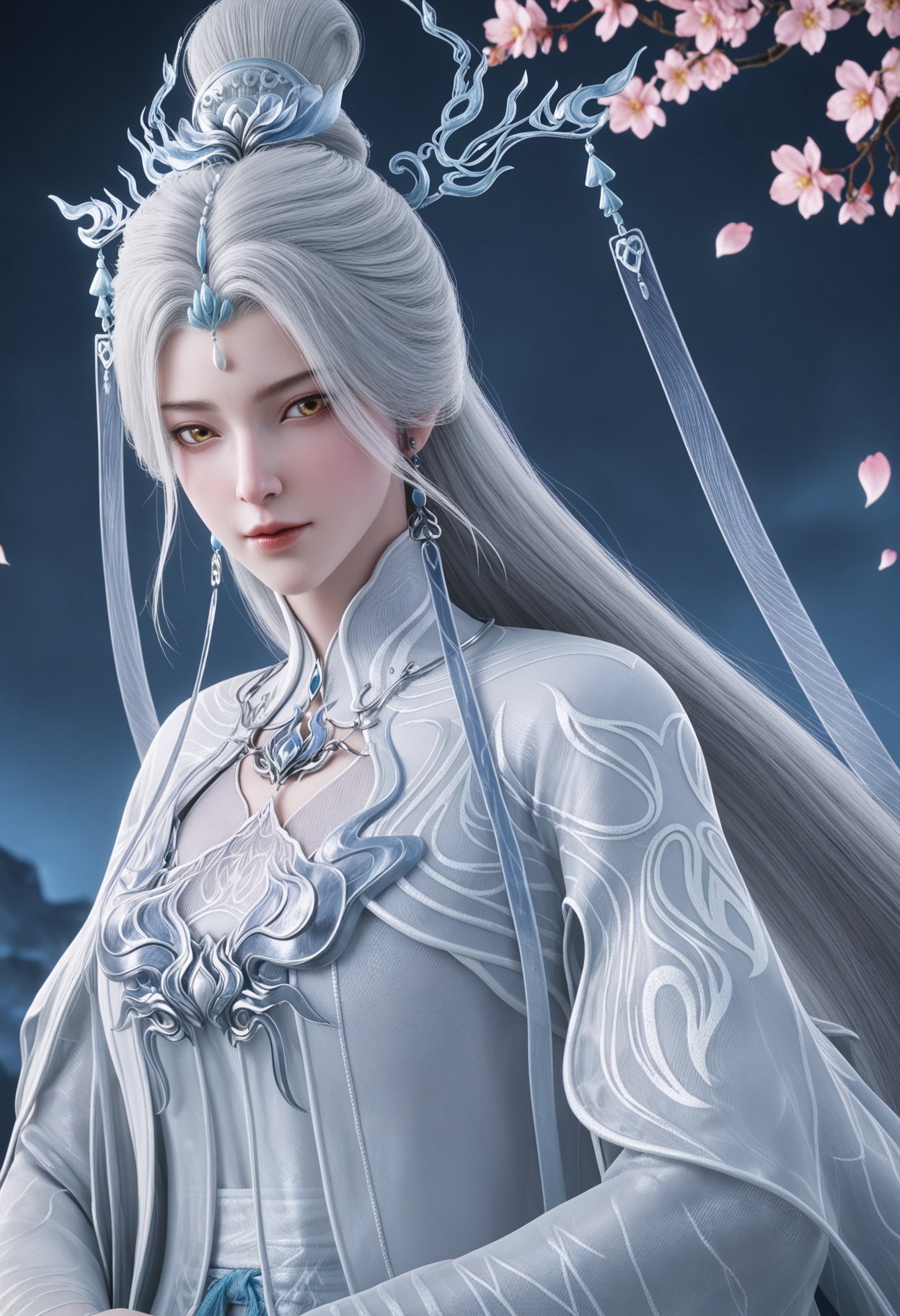 (upper_body:1.2),(looking at viewer:1.1),masterpiece,(best quality),smog,Dark room,dim lighting,peach blossom,falling petals,<lora:YQ_Illustrious光辉v5_剑妈_服装2_V1:0.8>,q1528437228,solo,1girl,white hair,long hair,jewelry,hair ornament,earrings,hair bun,chinese clothes,dress,long sleeves,white dress,yellow eyes,wide sleeves,forehead mark,brown eyes,robe,single hair bun,tassel,facial mark,