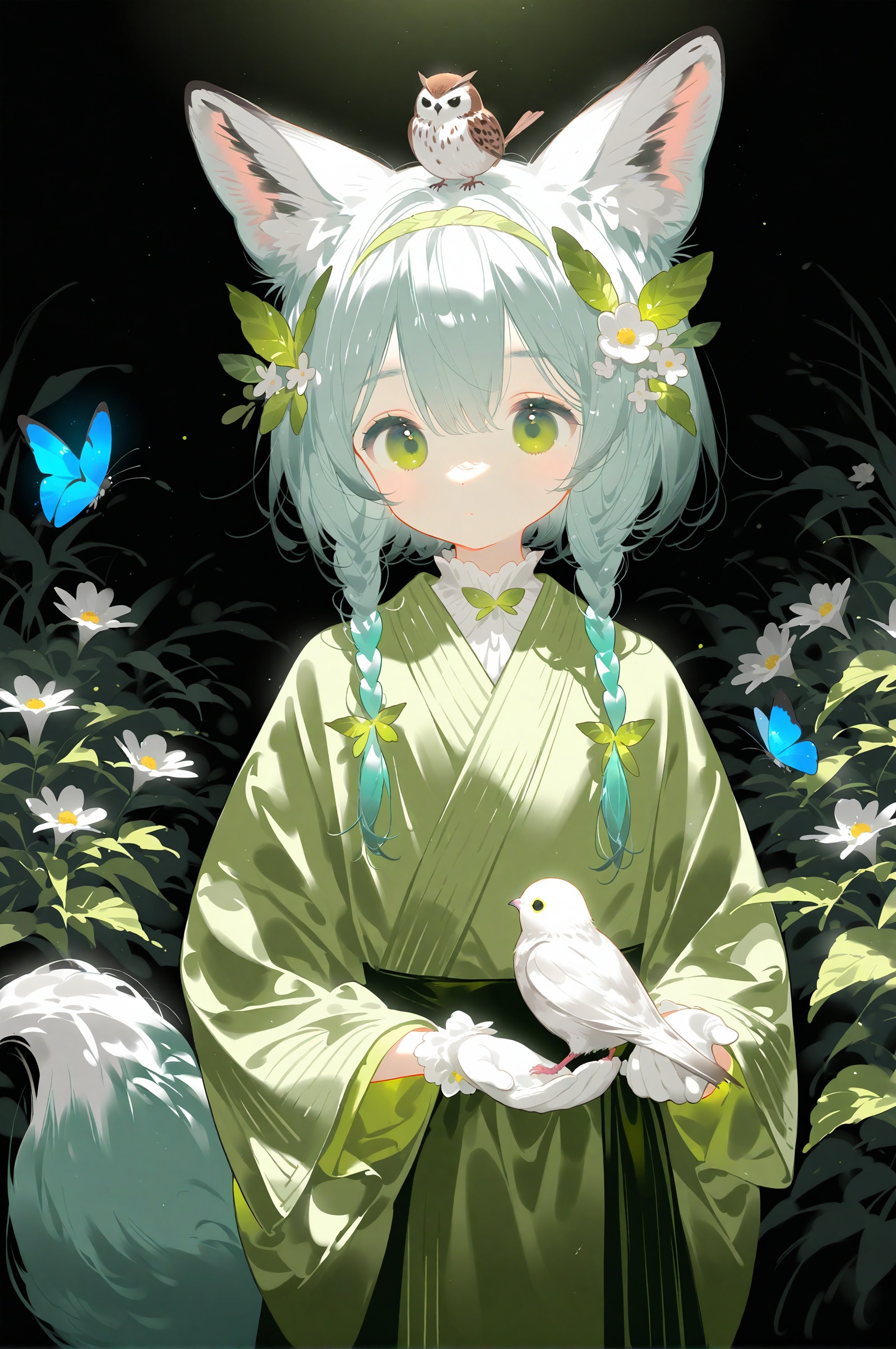 animal ears, bird, 1girl, green eyes, animal, looking at viewer, fox ears, tail, braid, green hair, wide sleeves, solo, black background, hair ornament, butterfly, squirrel, bug, blush, animal ear fluff, fox tail, long sleeves, fox, fox girl, flower, holding animal, green dress, leaf, simple background, leaf hair ornament, hair flower, medium hair, dress, hair between eyes, twin braids, gloves, japanese clothes, closed mouth, short hair, holding, white gloves, thick eyebrows, cowboy shot, side braids, expressionless, animal on arm, hairband, butterfly hair ornament, sparrow, plant, side braid, animal on shoulder, green theme, dark background, hands up, kimono, dot mouth, bird on head, standing, white bird, bird on hand, long hair, upper body, chick, sidelocks, animal on head, owl, looking at animal, animal on hand, aqua hair, light blush, fox boy, moth, dot nose, blue butterfly, green kimono, white flower, multiple braids<lora:lp24-000053:0.8>,