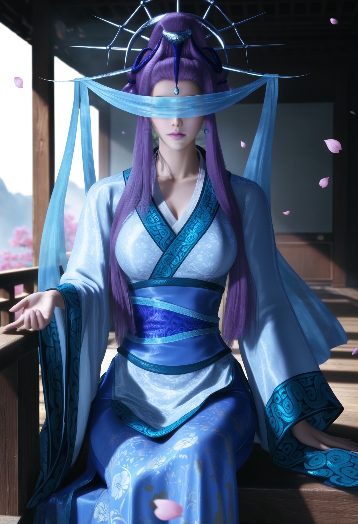 masterpiece,best quality,amazing quality,very aesthetic,high resolution,ultra-detailed,absurdres,scenery,photorealistic,(looking at viewer:1.1),(Dark room:1.3),(moody lighting:1.1),peach blossom,falling petals,(large breasts:1.2),yueshen,1girl,solo,purple hair,long hair,hair ornament,chinese clothes,jewelry,sidelocks,blindfold,earrings,hair bun,hair stick,sash,makeup,purple lips,collarbone,updo,shoes,sitting BREAK photorealistic details,<lora:QQSillyueshenV1:0.8>,