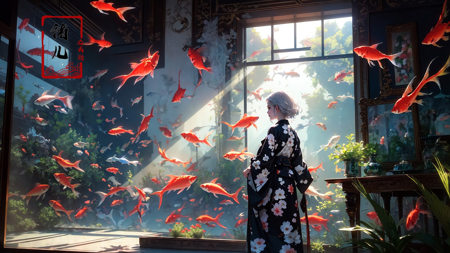 1girl, fish, solo, indoors, painting (object), white hair, short hair, plant, japanese clothes, standing, goldfish, holding, sunlight, kimono, koi, window, animal, long sleeves, from behind, hakama, facing away, picture frame, shadow, flower, aquarium，<lora:绪儿-海底世界Underwater world:0.8>