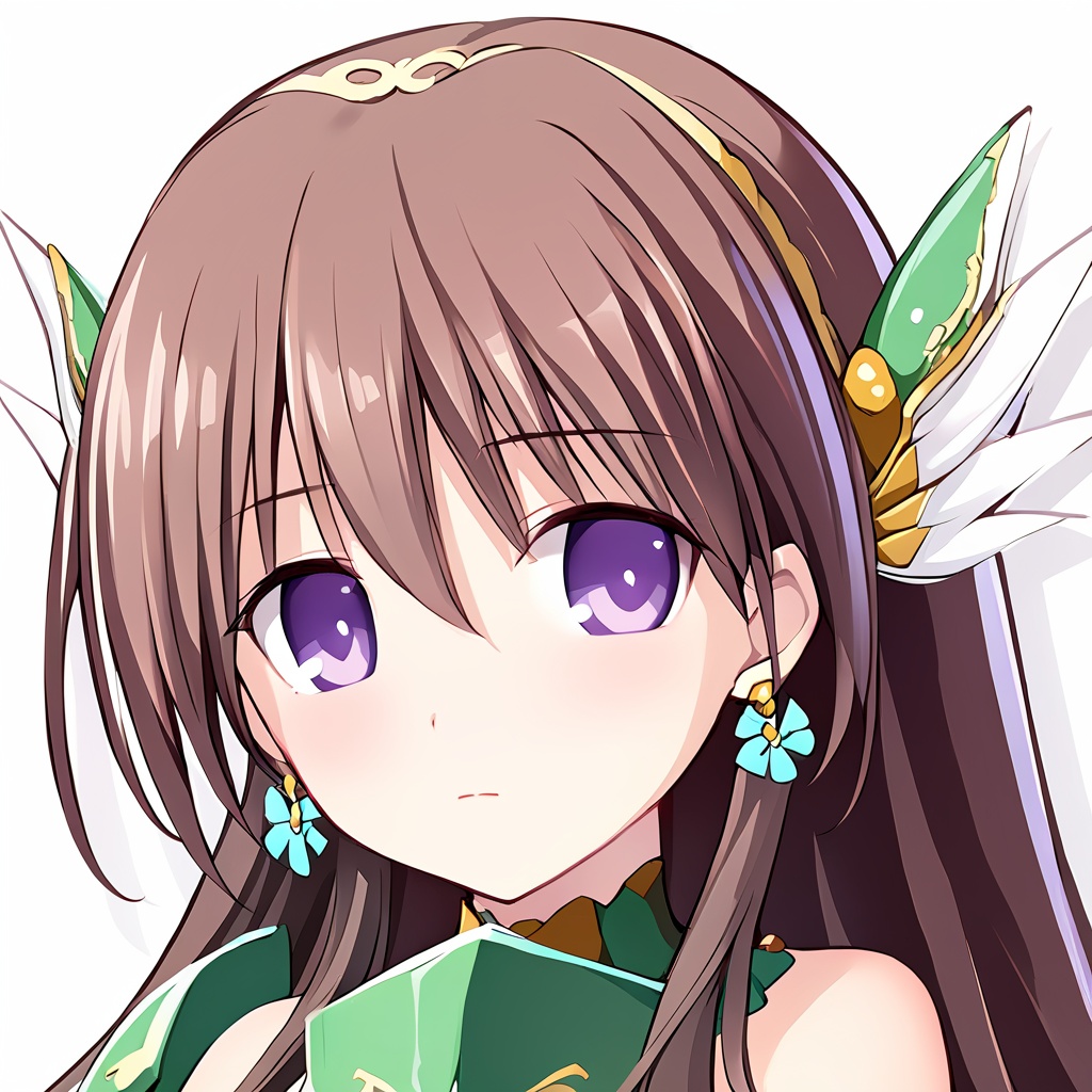 (masterpiece),(best quality),(best illustration),(best shadow),(absurdres),(very aesthetic),(masterpiece),(best quality),(best illustration),(absurdres),(very aesthetic),<lora:dlkw:0.9>,1girl,solo,purple eyes,brown hair,long hair,earrings,green_armor,jewelry,(white background:1.2),armor,bare shoulders,looking at viewer,hair ornament,upper body,<lora:Quan_XL:0.8>,(white background:1.2),(blush:1.1),expressionless,from_side,portrait,looking_at_viewer,
