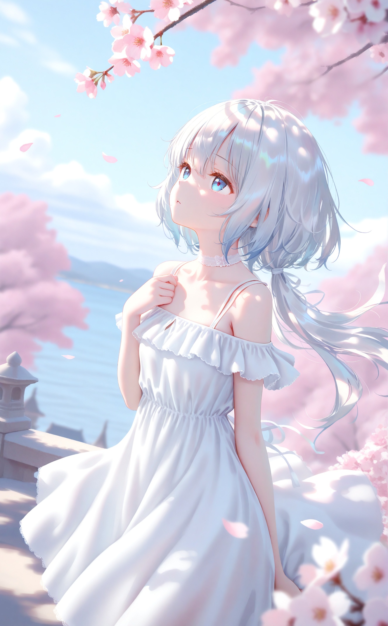 masterpiece,very aware,highres,absurdres,newest,best quality,petite,high quality,chromatic_aberration,cinematic_angle,dutch angle,//,artist:torino aqua,artist:rhasta,artist:wlop,artist:ke-ta,artist:hiten \(hitenkei\),//,1girl, solo, long hair, flower, dress, white hair, blue eyes, white dress, looking up, white choker, petals, outdoors, choker, off-shoulder dress, sky, blurry, parted lips, pink flower, blue sky, blurry foreground, off shoulder, bare shoulders, day, dappled sunlight, collarbone, depth of field, sunlight, arm up, falling petals, short sleeves, hand up, standing, from side, branch, hand on own chest, cherry blossoms, cowboy shot, frills, hair between eyes, blurry background, cloud, holding