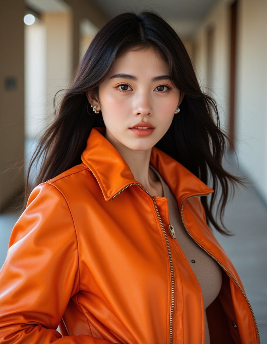 a south korea woman,she was wearing bright leather,