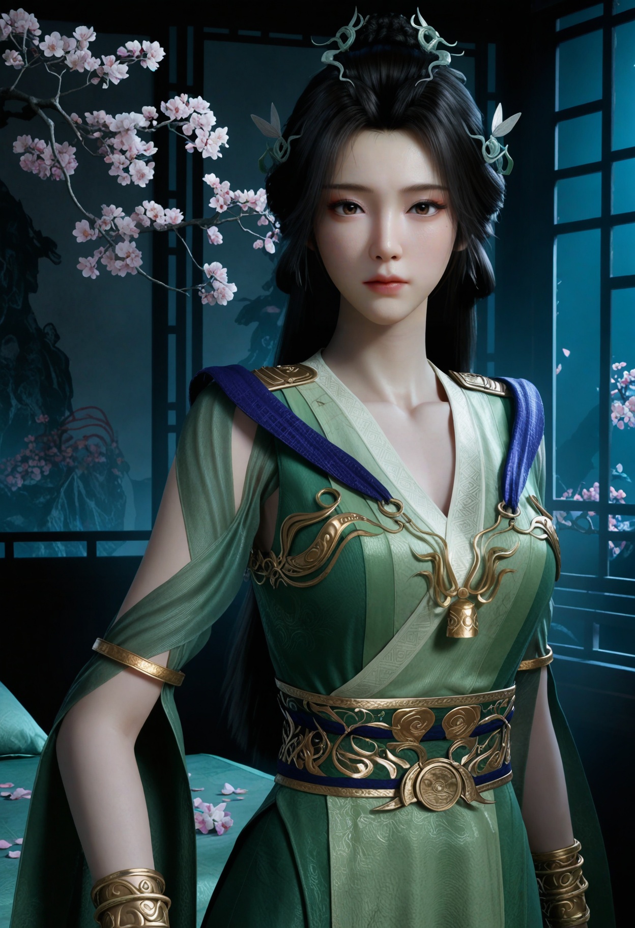 (looking at viewer:1.1),upper body,(Dark room:1.3),(moody lighting:1.1),peach blossom,falling petals,(large breasts:0.8),hanyunzhi,1girl,solo,black hair,long hair,hair ornament,green dress,realistic,dress,closed mouth,jewelry,bracelet,chinese clothes,sash,expressionless,brown eyes,hair bun BREAK masterpiece,(best quality),(intricate details:0.9),(realistic skin:1.2),<lora:QQSillhanyunzhiV1:0.8>,