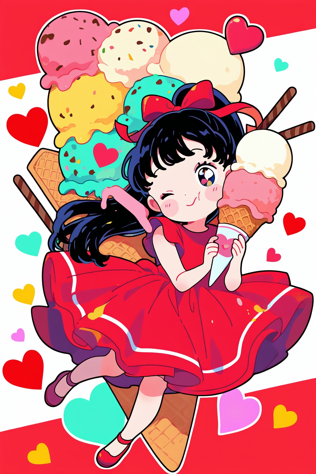 1girl,solo,food,red footwear,ponytail,dress,red dress,ribbon,black hair,white background,one eye closed,long hair,ice cream,full body,heart,