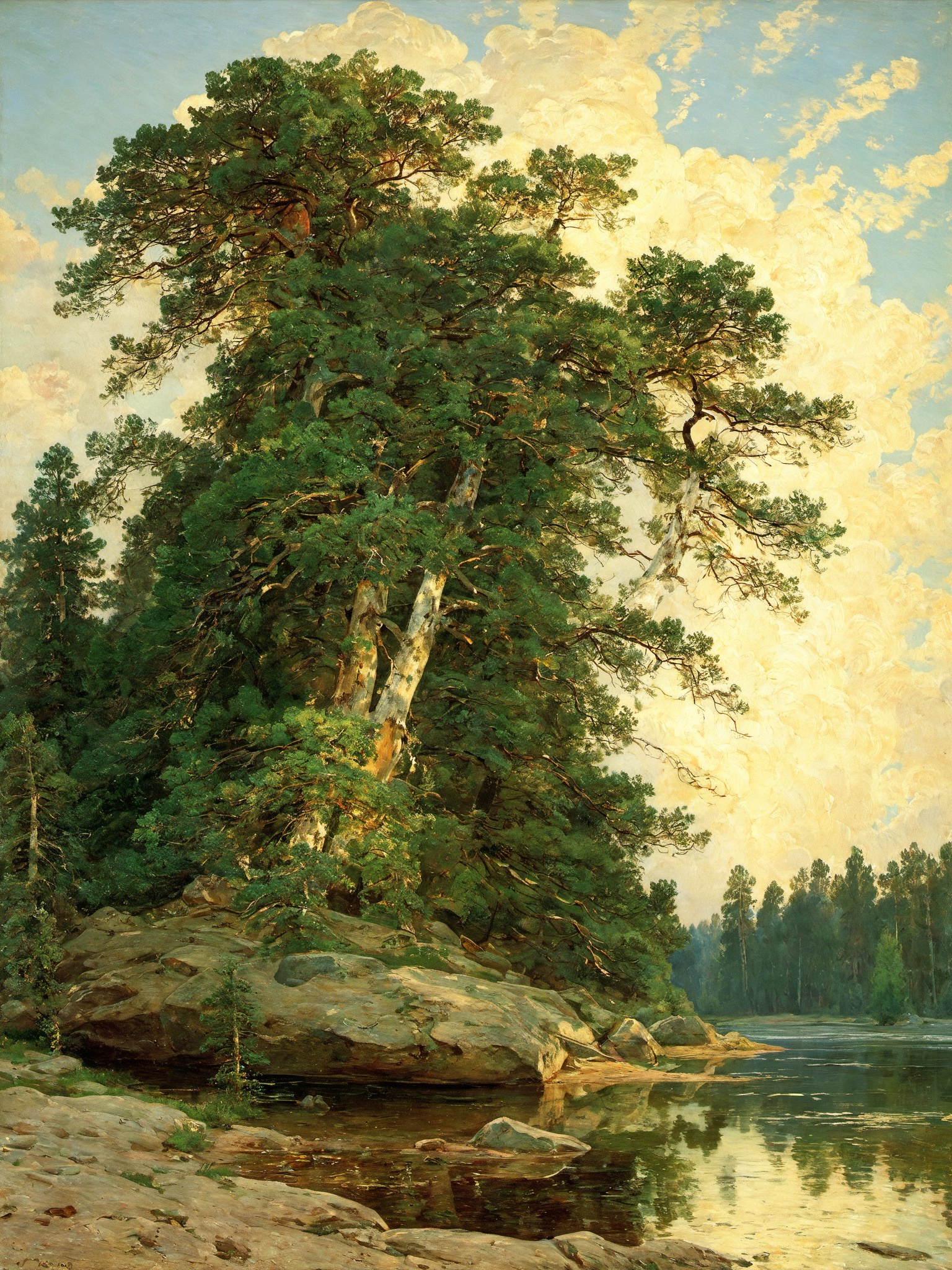 ivan Shishkin,nature,tree,rock,lake,cloud,scenery,leafs