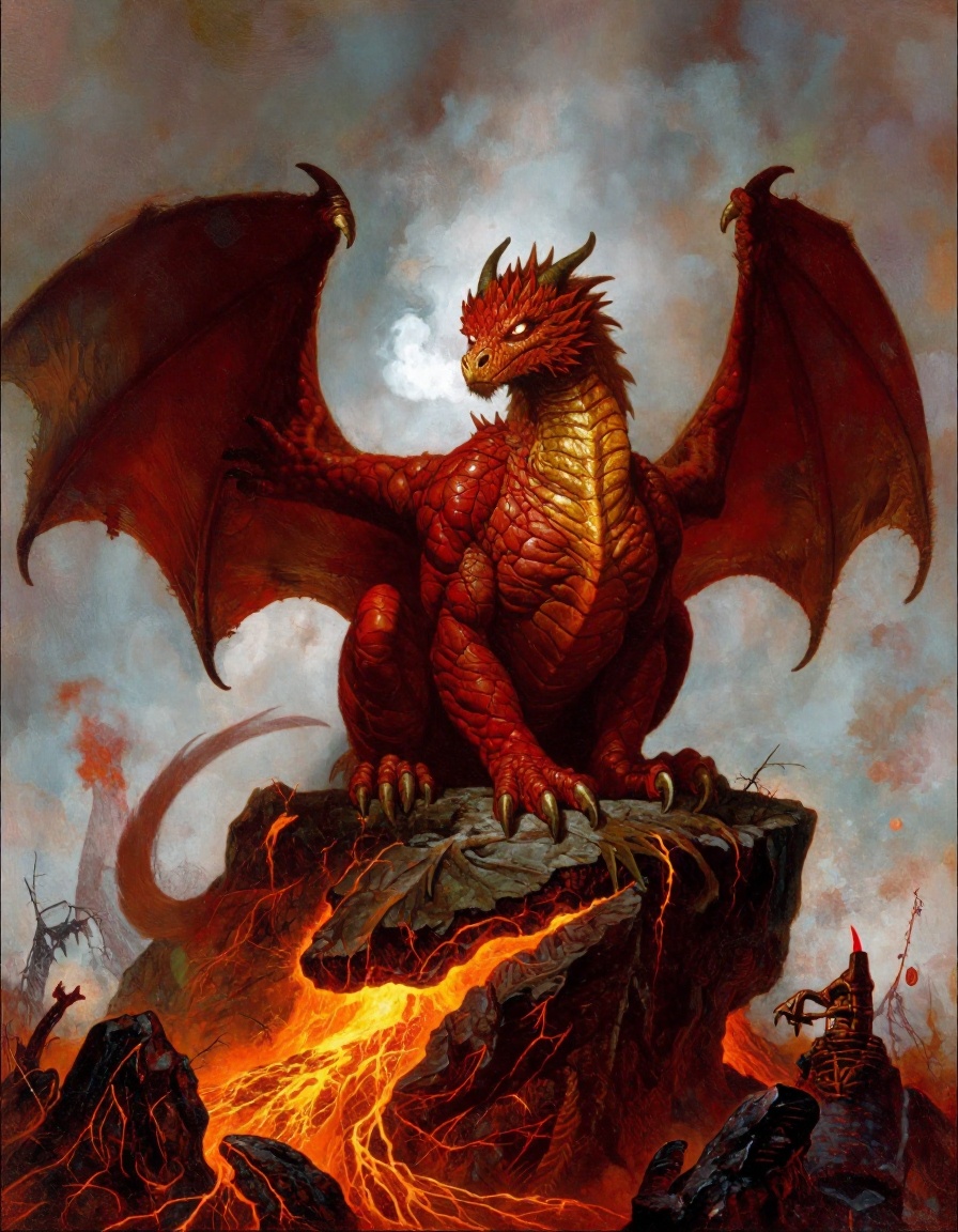 An ancient red dragon perches on a volcanic cliff edge,  wings half-furled. Shot in an epic wide-angle lens flare,  the ca...