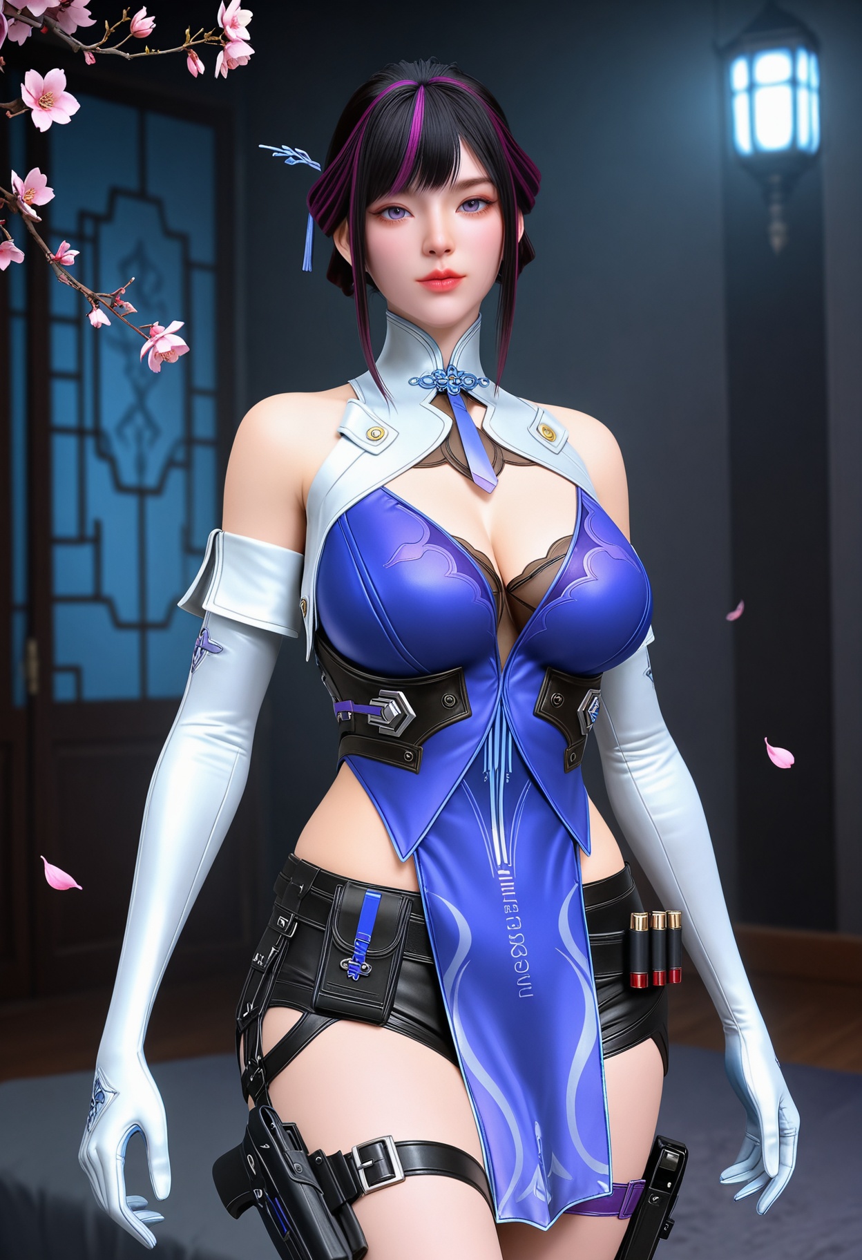 (cowboy shot:1.2),(gigantic breasts:0.8),(Perky boobs:1.3),(looking at viewer:1.1),facing viewer,direct gaze,(masterpiece:1.1),(best quality:1.2),(intricate details),(smog:1.3),(Dark room:1.3),(dim lighting:1.3),peach blossom,falling petals,<lora:YQ_Illustrious光辉v5_虹儿_V1:0.8>,1girl,q1528437228,solo,gloves,dress,short hair,shorts,chinese clothes,purple eyes,thigh strap,holster,hair bun,hair ornament,sidelocks,thigh holster,detached sleeves,high heels,masterpiece,(best quality),(intricate details:0.9) BREAK (intricate details:0.9),(realistic skin:1.2),masterpiece,best quality,newest,absurdres,hiahres,
