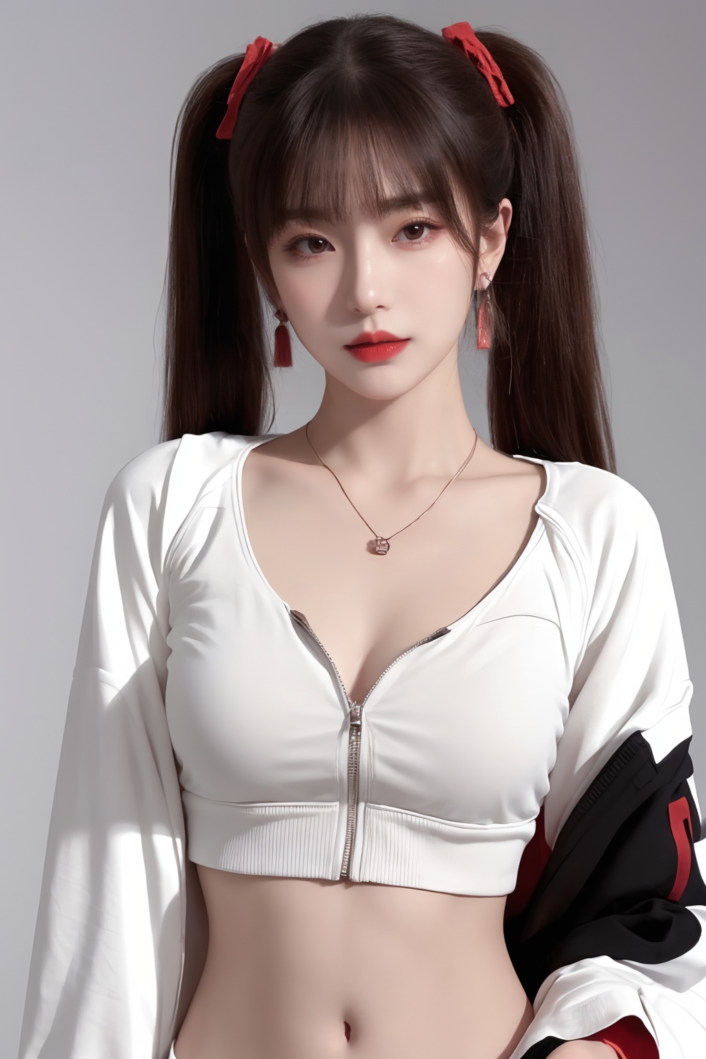 1girl, breasts, cleavage, crop top, earrings, jacket, jewelry, lips, long hair, looking at viewer, medium breasts, midriff, navel, necklace, realistic, red lips, solo, twintails, white jacket  <lora:美女1.0:1>
