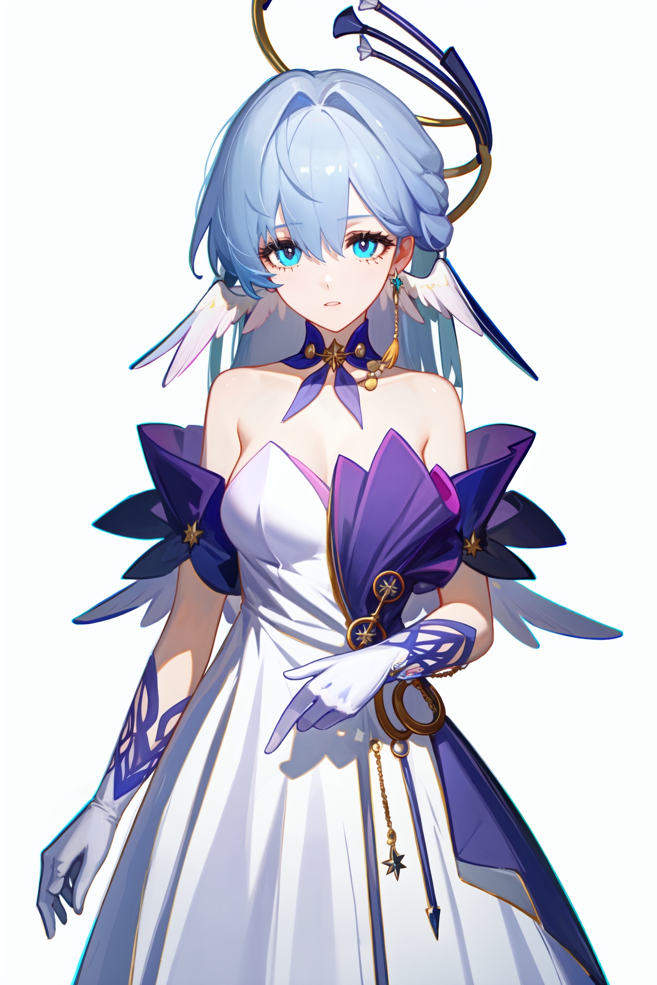 1girl,robin,head wings,strapless dress,white gloves,white dress,purple dress,collarbone,<lora:知更鸟v15:1:lbw=char>,blue hair,<lora:nai3画风bysdlion-000035:1:lbw=paint>,, (masterpiece,best quality,high quality:1.4),absurdres,
