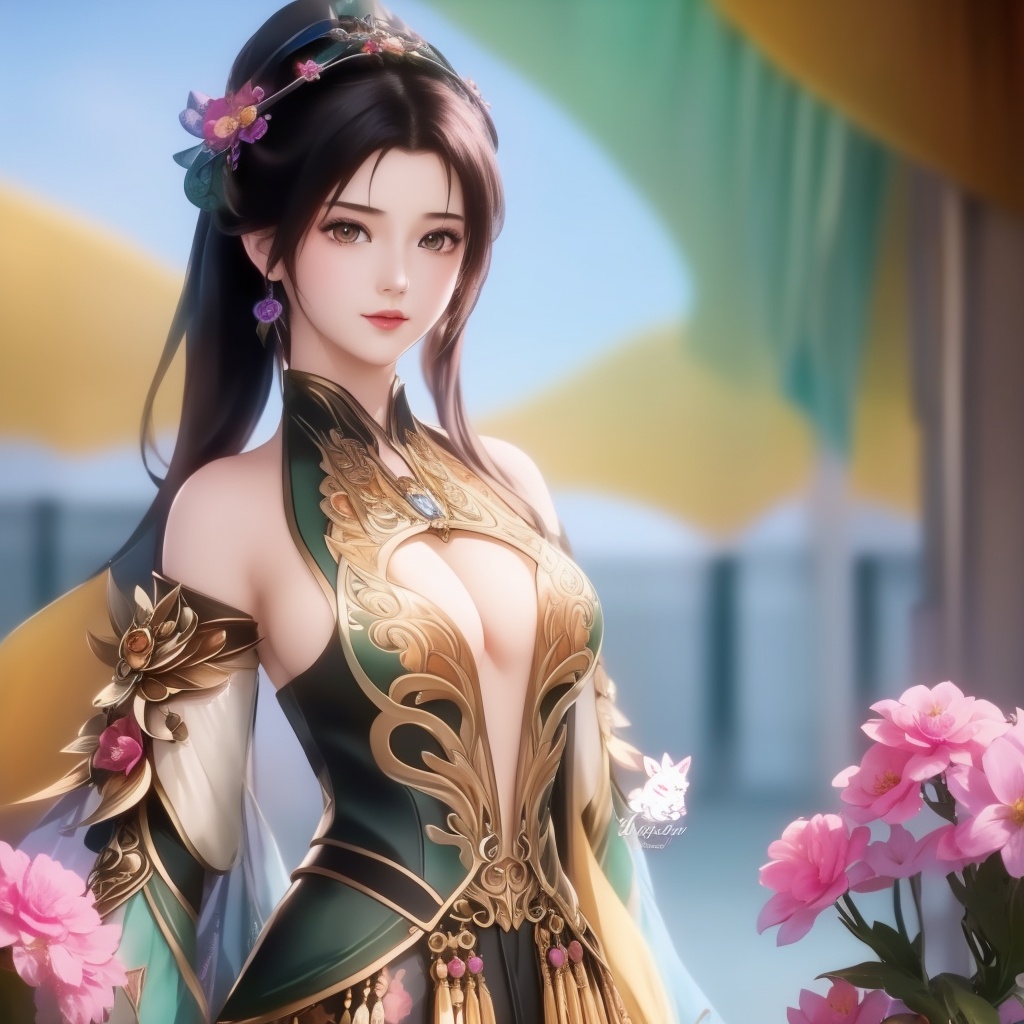 <lora:715-DA-师兄啊师兄-龙吉:0.8>(,1girl, ,best quality, ),looking at viewer,,anime,(masterpiece, top quality, best quality, official art, beautiful and aesthetic:1.2), (1girl)	, , (cleavage),extreme detailed,(fractal art:1.3),colorful, flowers ,highest detailed,()    (cleavage), (),